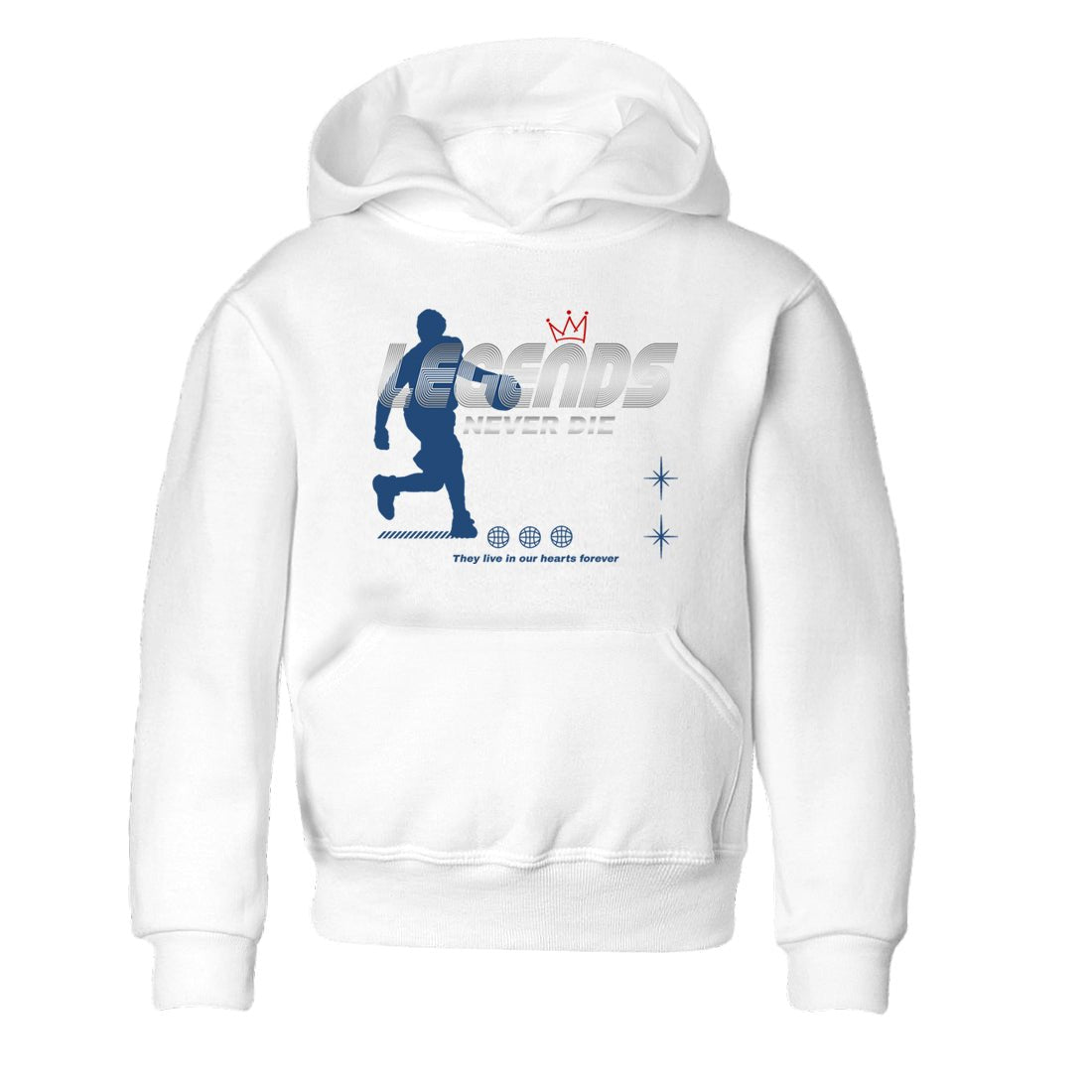 Legends Never Die baby and kids t-shirt crafted for little sneakerheads to shine with the Air Jordan 12 French Blue sneakers, displayed in White 2.