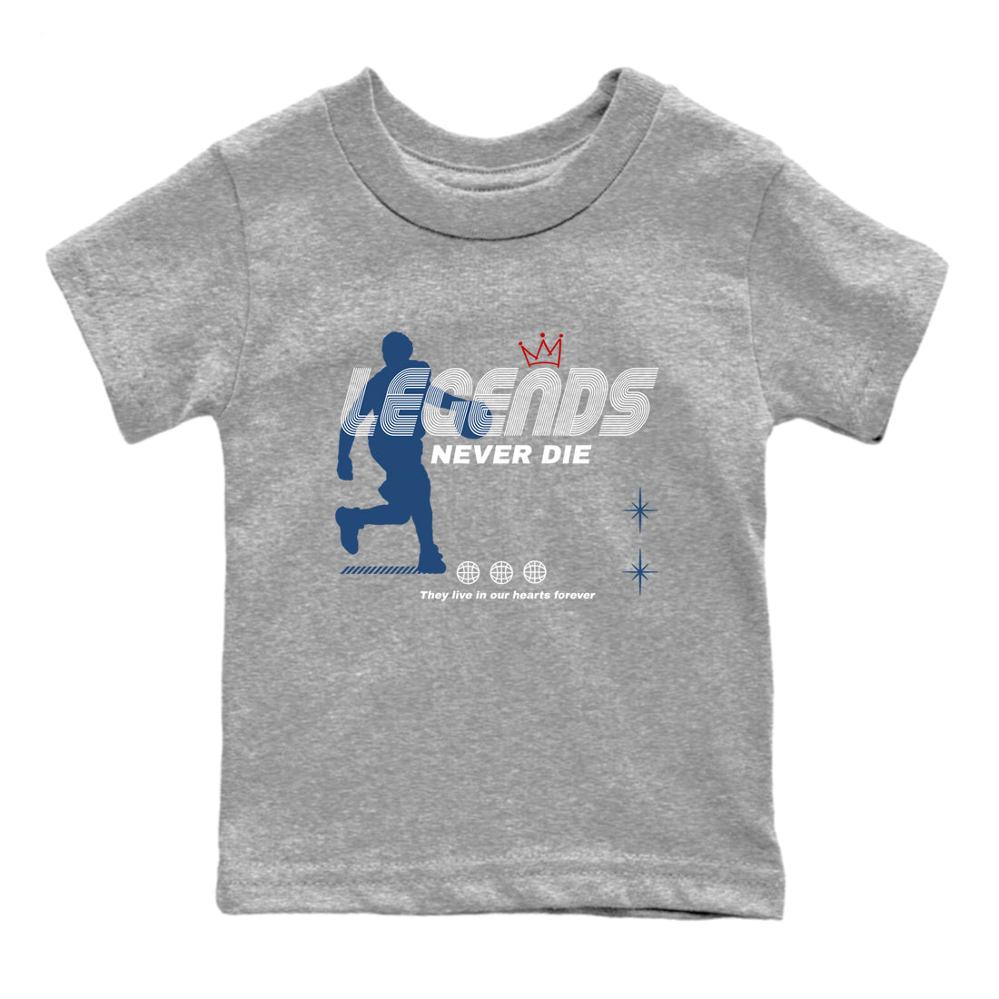 Legends Never Die baby and kids t-shirt crafted for little sneakerheads to shine with the Air Jordan 12 French Blue sneakers, displayed in Heather Grey 2.