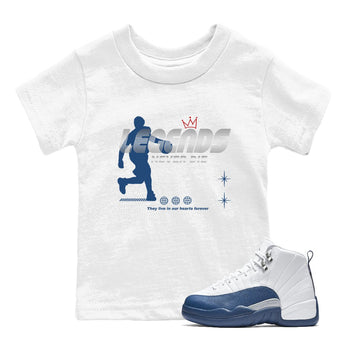 Legends Never Die baby and kids t-shirt crafted for little sneakerheads to shine with the Air Jordan 12 French Blue sneakers, displayed in White 1.