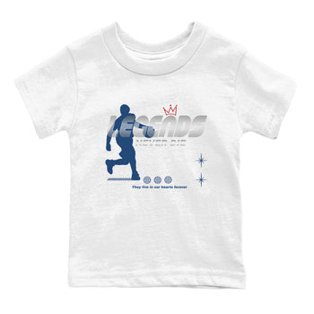 Legends Never Die baby and kids t-shirt crafted for little sneakerheads to shine with the Air Jordan 12 French Blue sneakers, displayed in White 2.