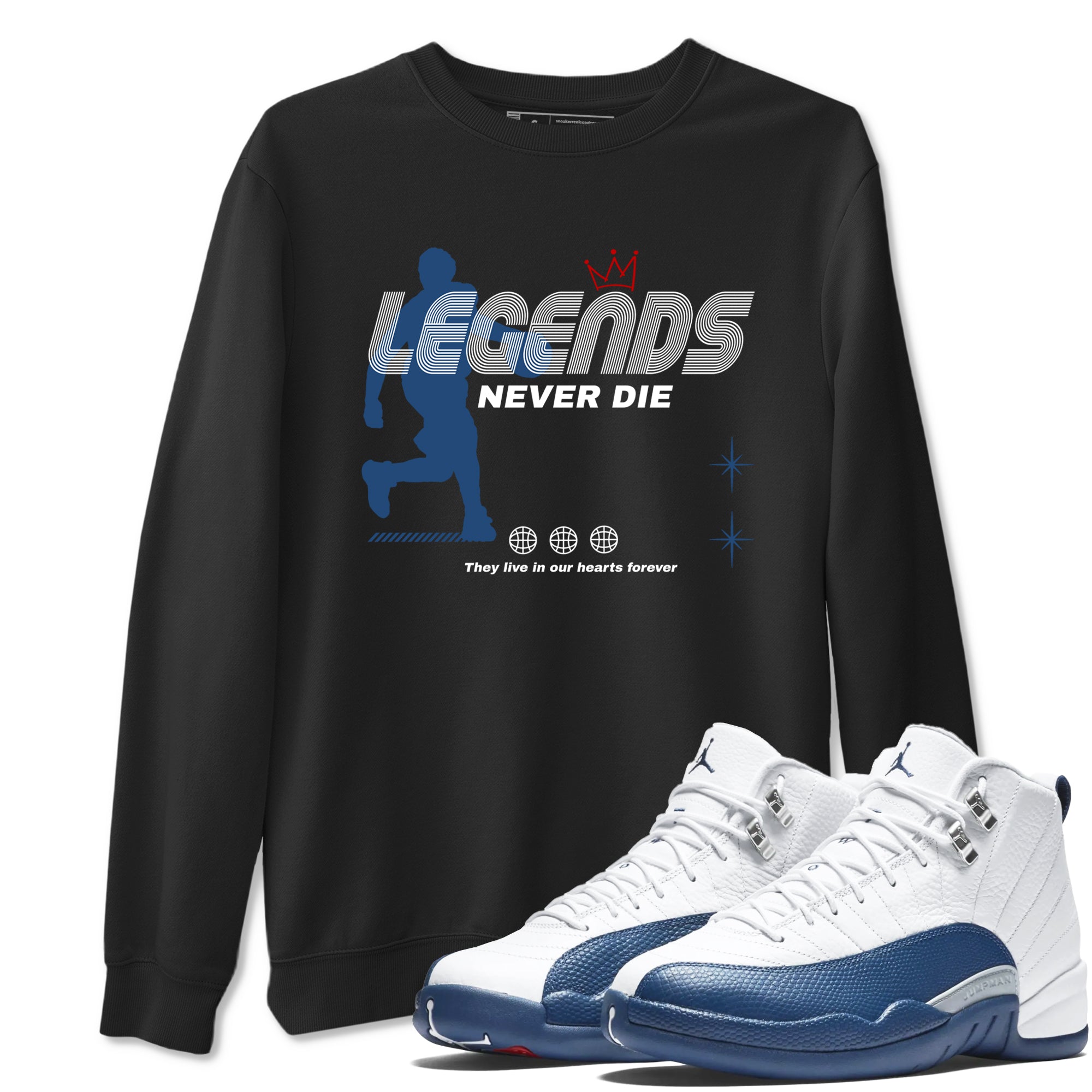 Legends Never Die sneaker match t-shirt styled to complete your fit with the Air Jordan 12 French Blue sneakers, shown in Black 1.