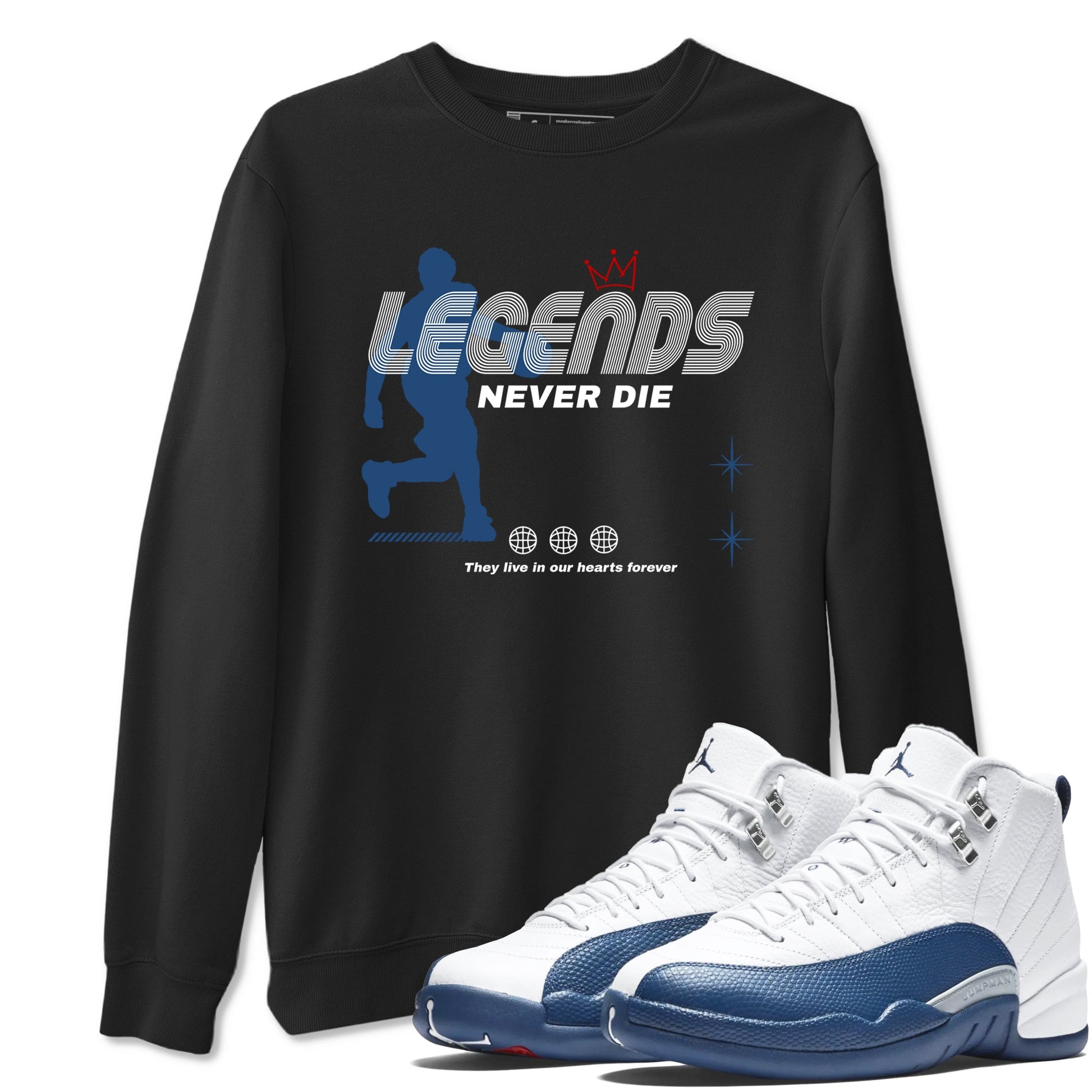 Legends Never Die sneaker match t-shirt styled to complete your fit with the Air Jordan 12 French Blue sneakers, shown in Black 1.
