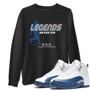 Legends Never Die sneaker match t-shirt styled to complete your fit with the Air Jordan 12 French Blue sneakers, shown in Black 1.