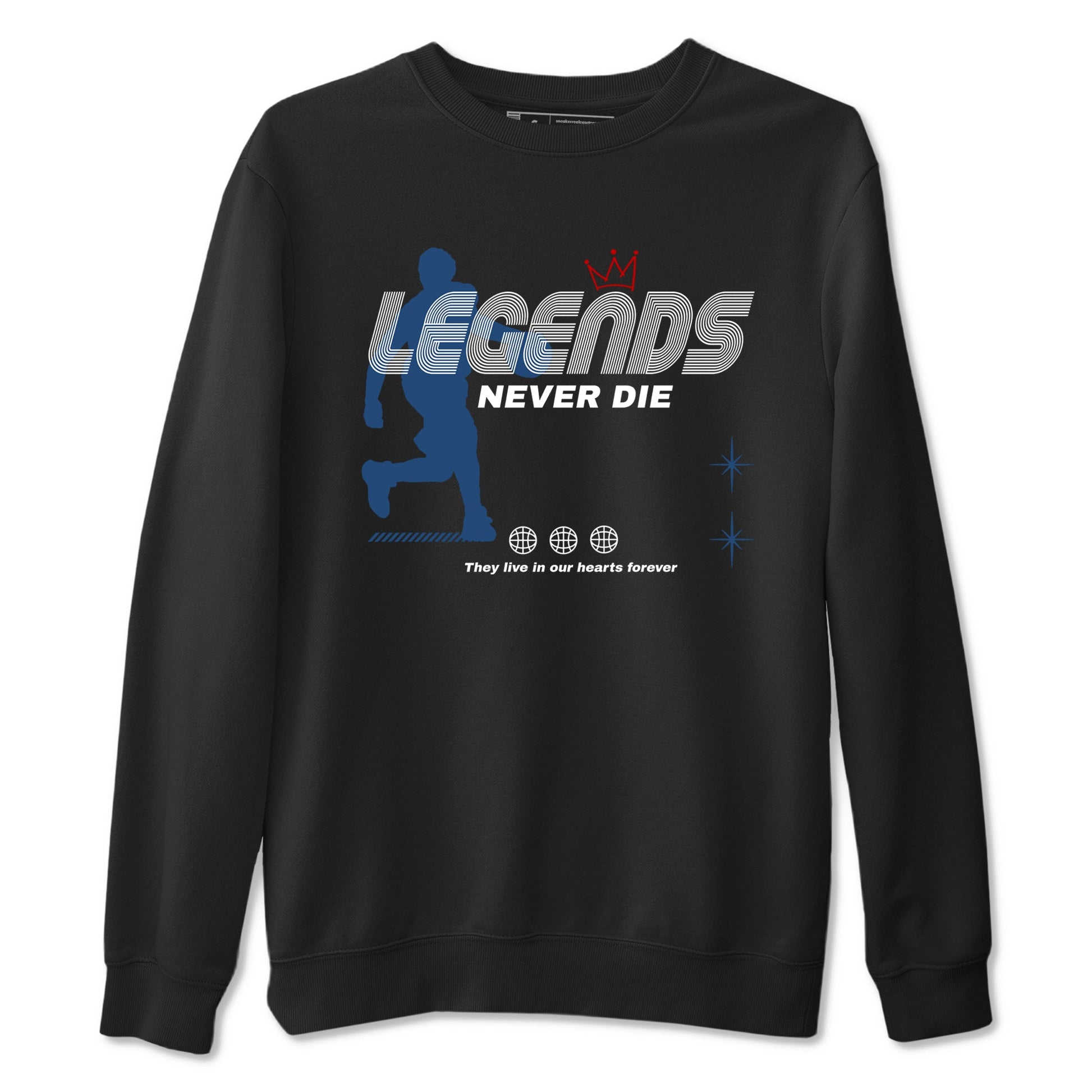 Legends Never Die sneaker match t-shirt styled to complete your fit with the Air Jordan 12 French Blue sneakers, shown in Black 2.