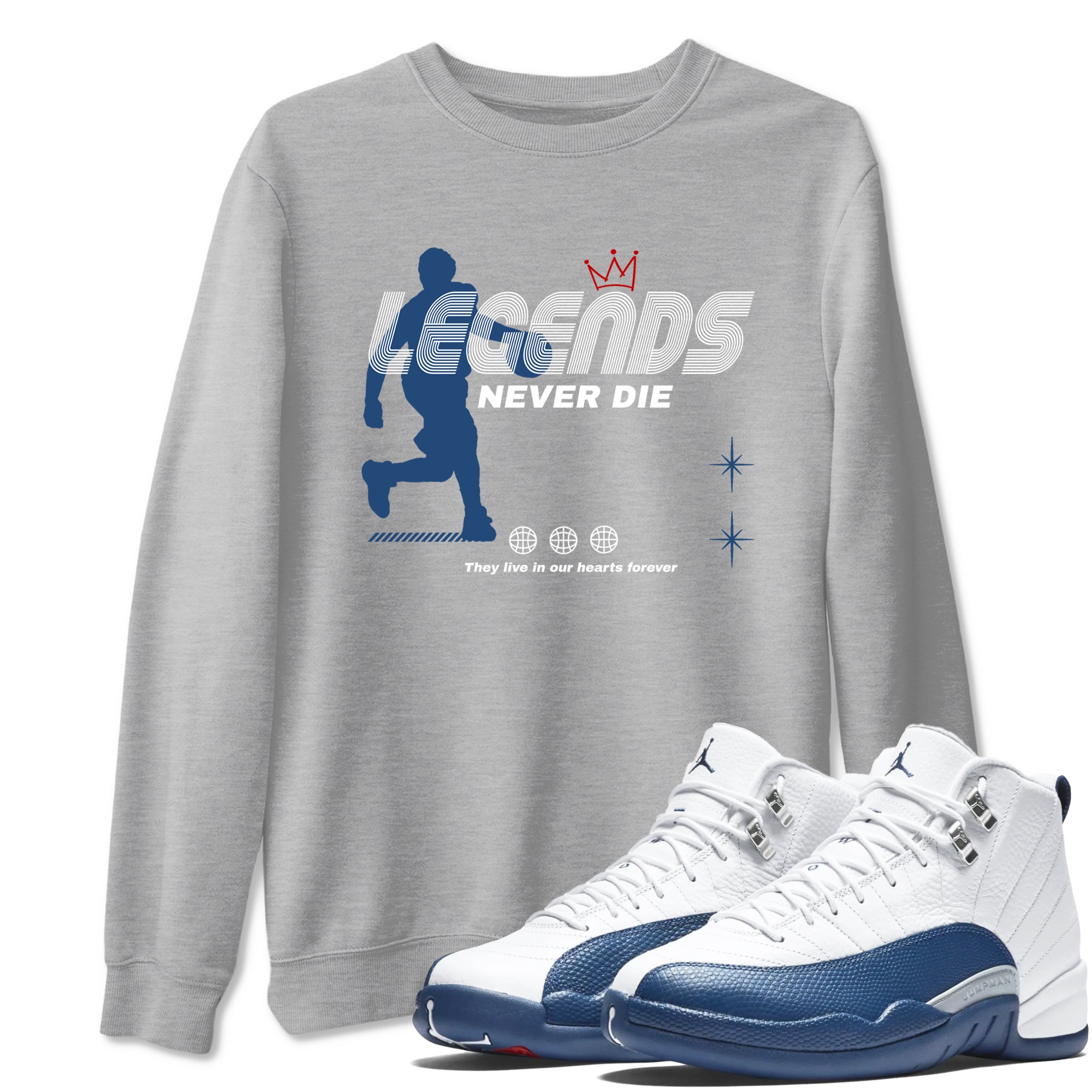 Legends Never Die sneaker match t-shirt styled to complete your fit with the Air Jordan 12 French Blue sneakers, shown in Heather Grey 1.