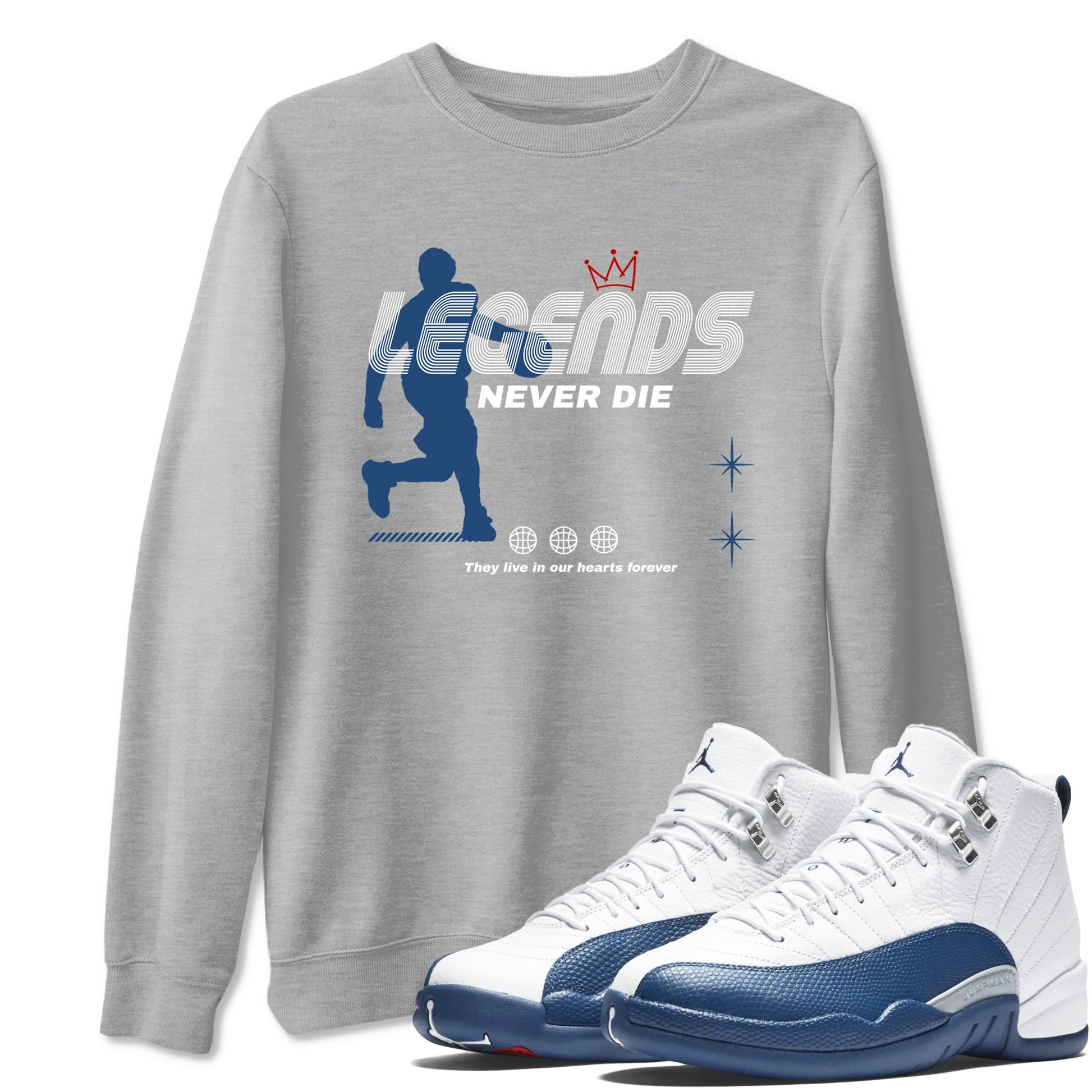 Legends Never Die sneaker match t-shirt styled to complete your fit with the Air Jordan 12 French Blue sneakers, shown in Heather Grey 1.