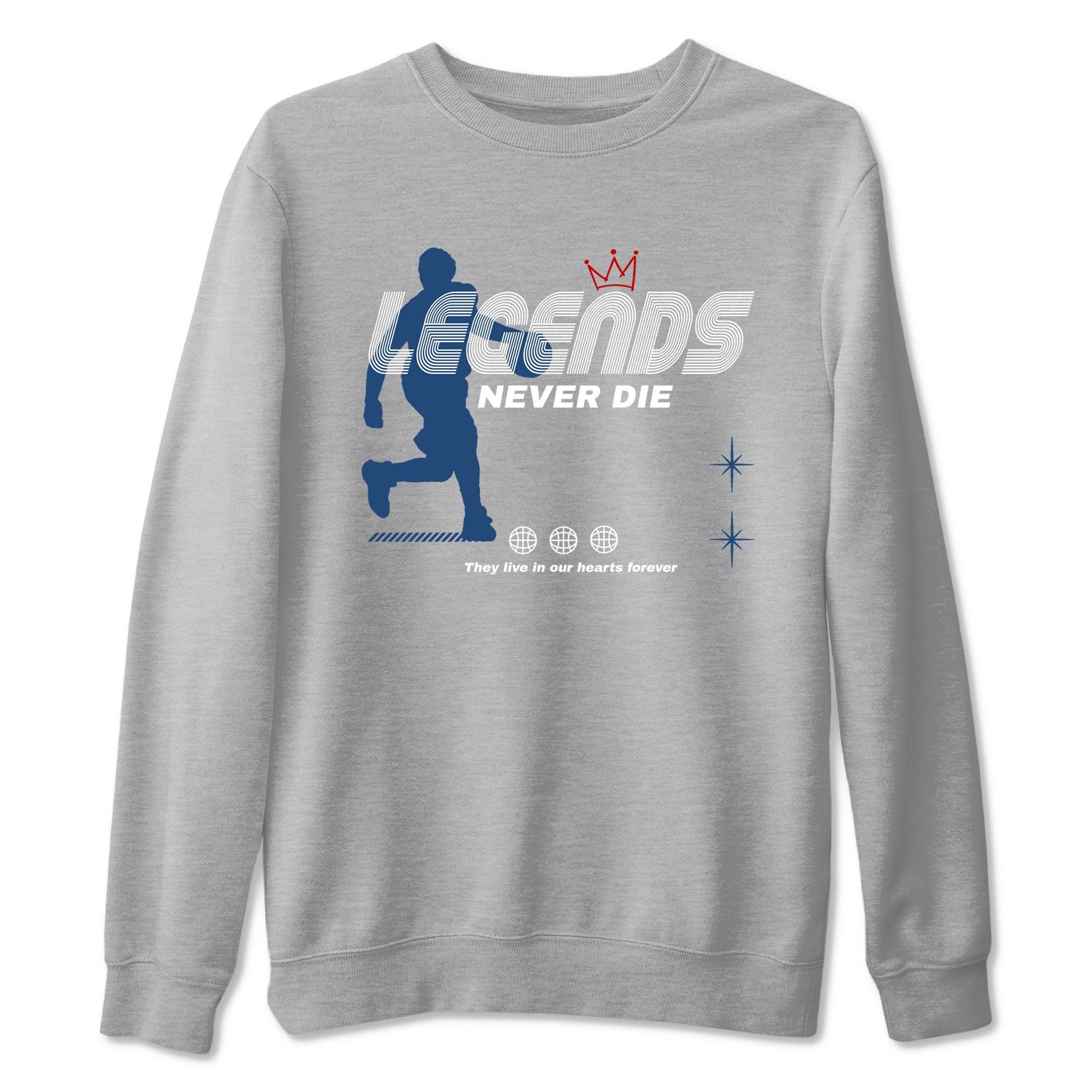 Legends Never Die sneaker match t-shirt styled to complete your fit with the Air Jordan 12 French Blue sneakers, shown in Heather Grey 2.