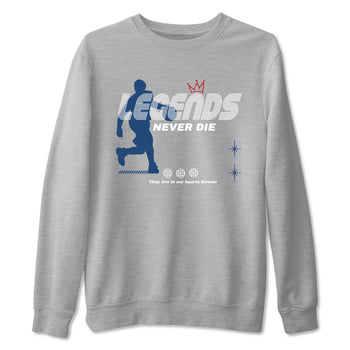 Legends Never Die sneaker match t-shirt styled to complete your fit with the Air Jordan 12 French Blue sneakers, shown in Heather Grey 2.