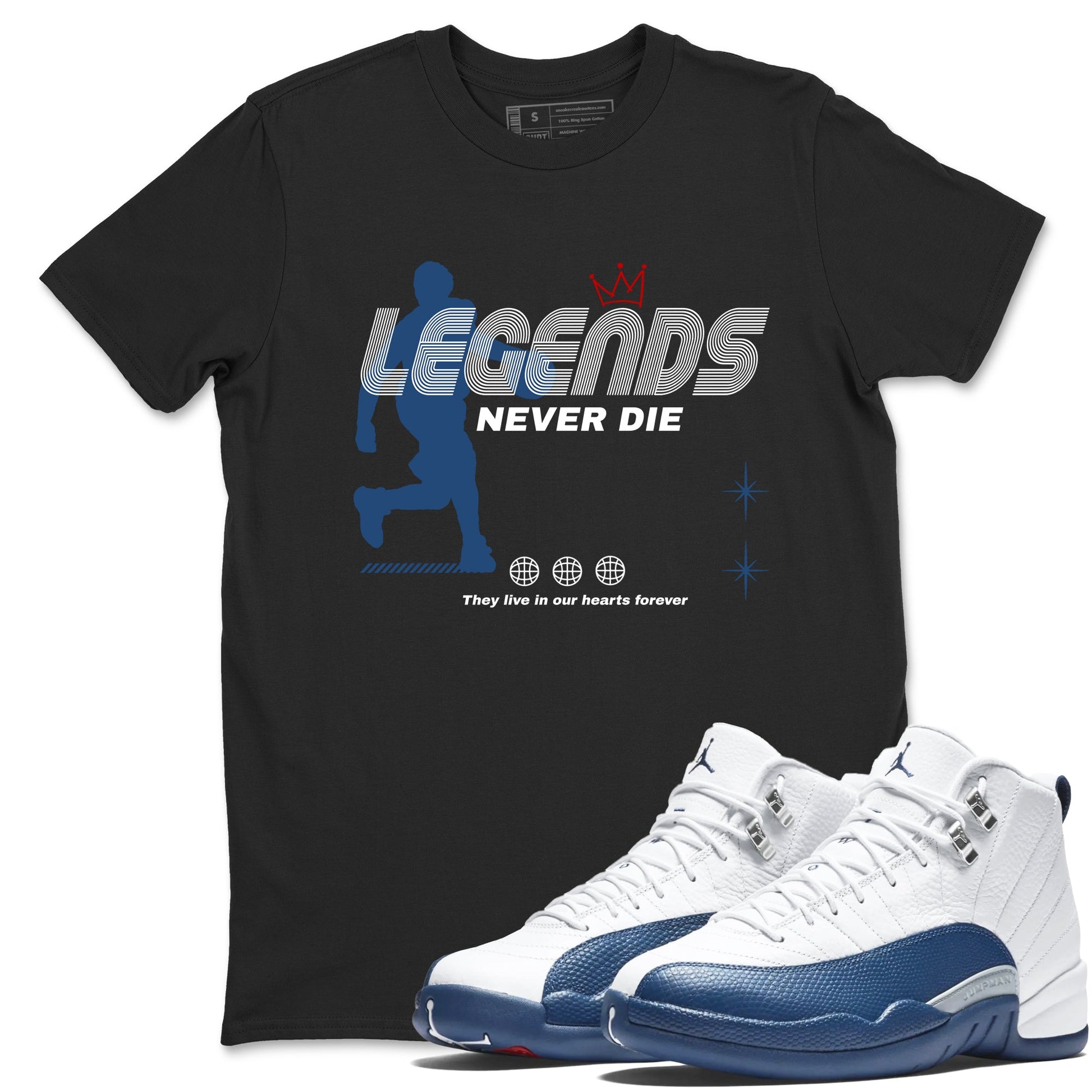 Legends Never Die sneaker match t-shirt styled to complete your fit with the Air Jordan 12 French Blue sneakers, shown in Black 1.