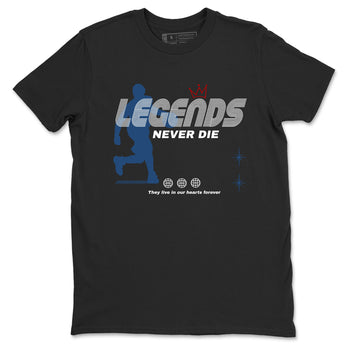 Legends Never Die sneaker match t-shirt styled to complete your fit with the Air Jordan 12 French Blue sneakers, shown in Black 2.