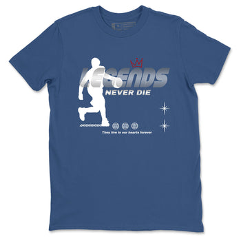 Legends Never Die sneaker match t-shirt styled to complete your fit with the Air Jordan 12 French Blue sneakers, shown in Denim Blue 2.