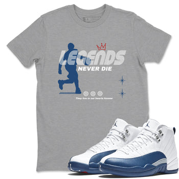 Legends Never Die sneaker match t-shirt styled to complete your fit with the Air Jordan 12 French Blue sneakers, shown in Heather Grey 1.