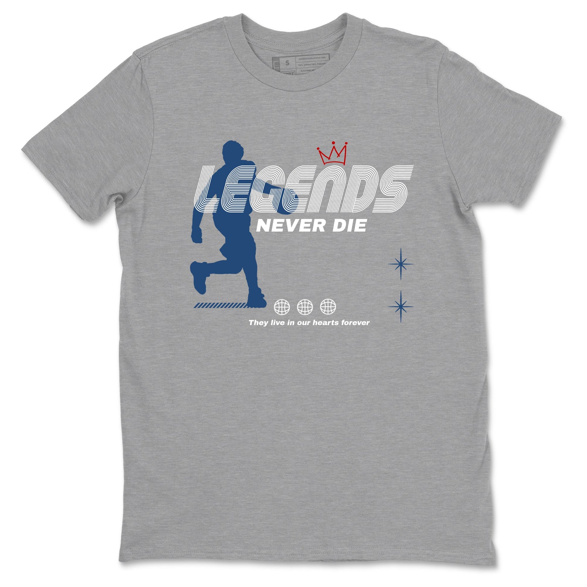 Legends Never Die sneaker match t-shirt styled to complete your fit with the Air Jordan 12 French Blue sneakers, shown in Heather Grey 2.