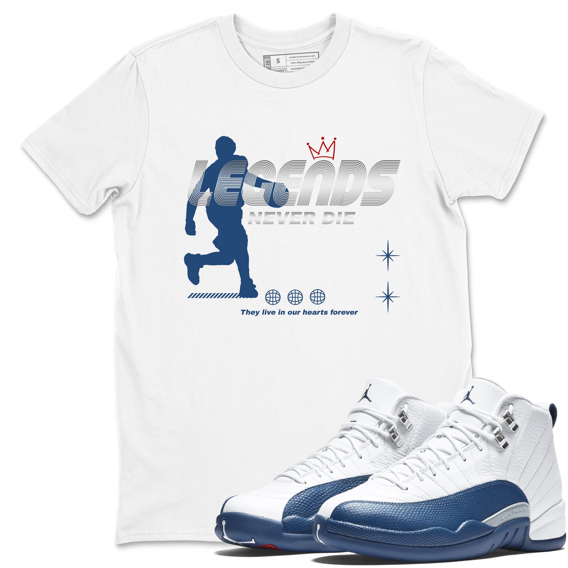 Legends Never Die sneaker match t-shirt styled to complete your fit with the Air Jordan 12 French Blue sneakers, shown in White 1.