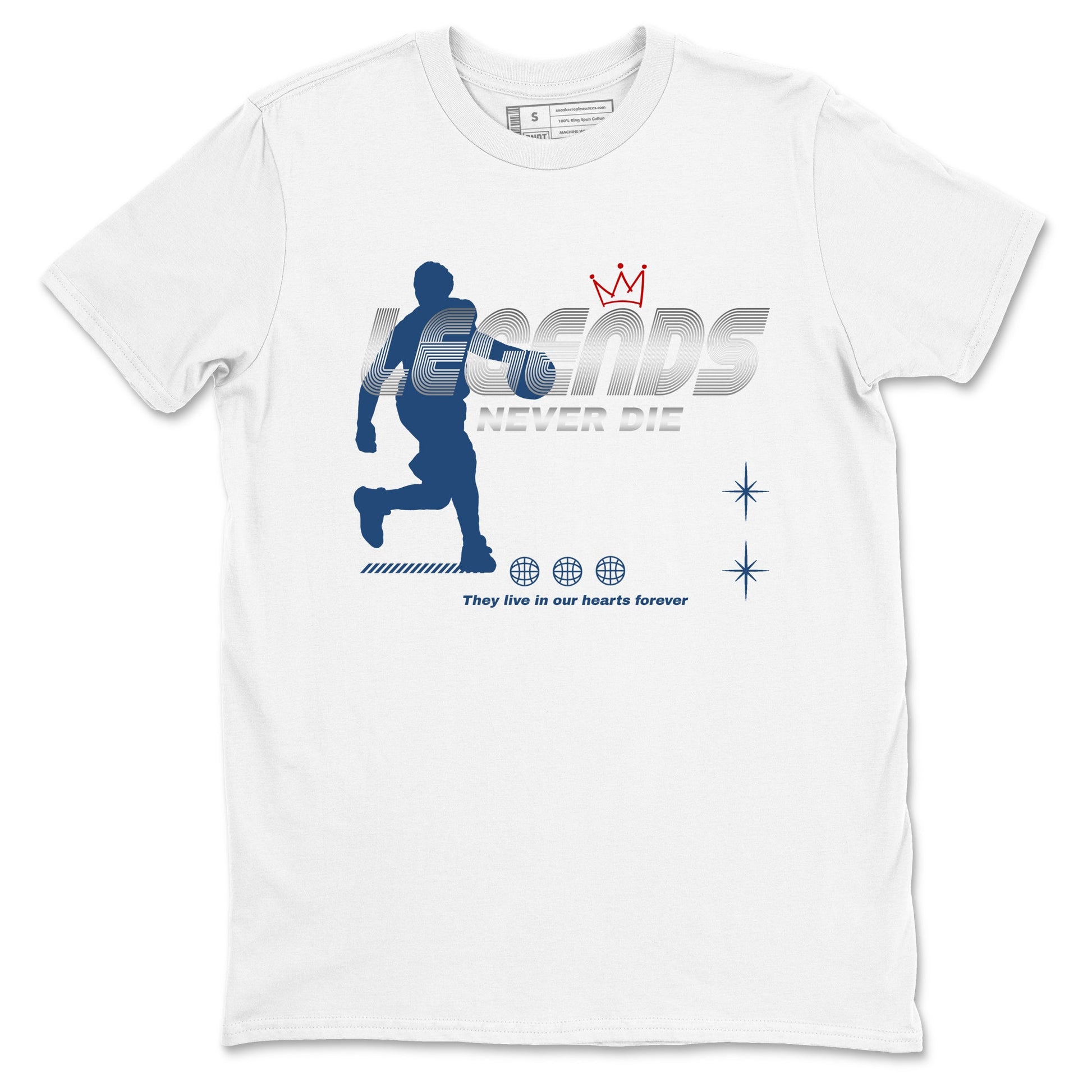 Legends Never Die sneaker match t-shirt styled to complete your fit with the Air Jordan 12 French Blue sneakers, shown in White 2.