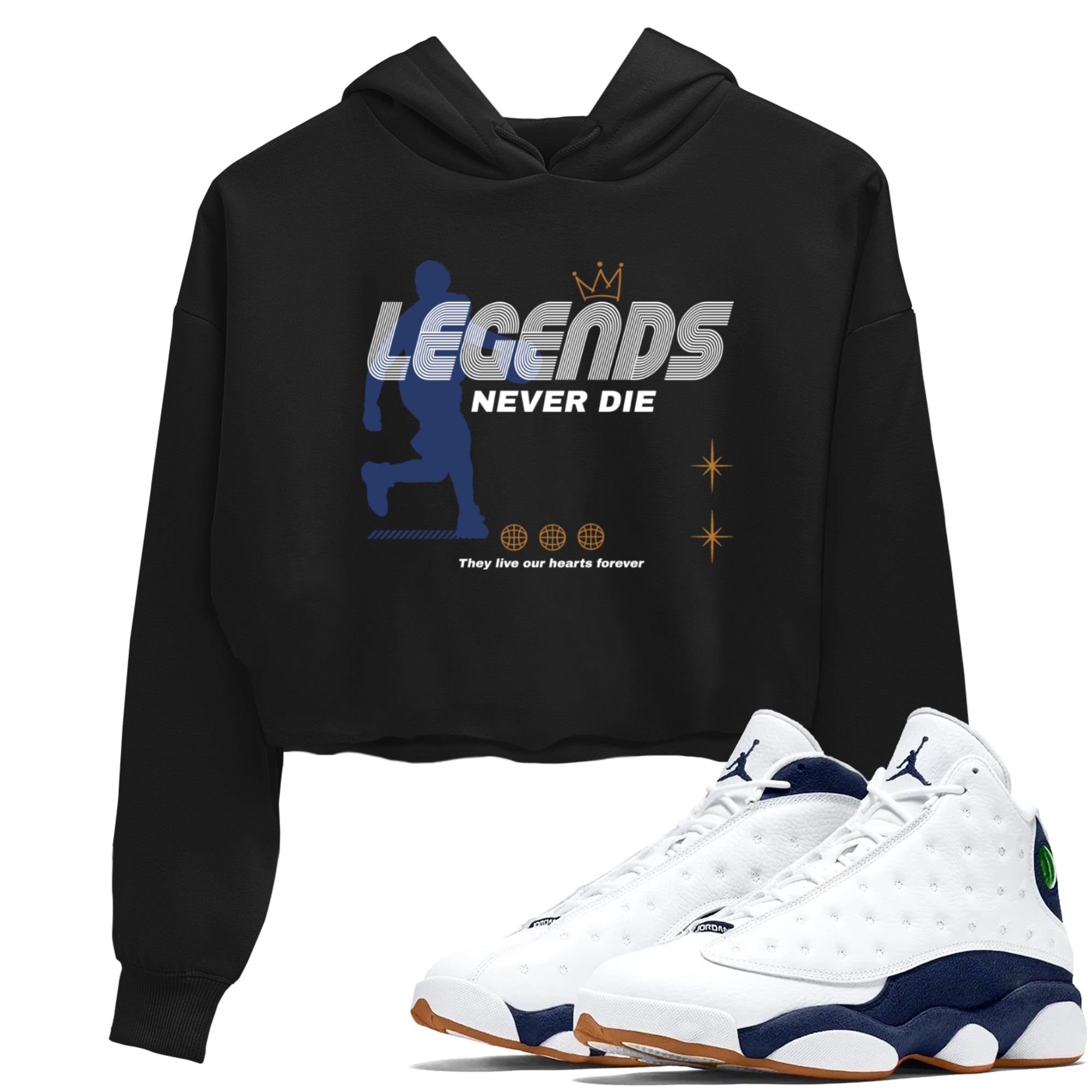 13s Midnight Navy shirts to match jordans Legends Never Die sneaker match tees Air Jordan 13 Midnight Navy match shoes to clothes SNRT Sneaker Tees unisex cotton Black 1 crop tee