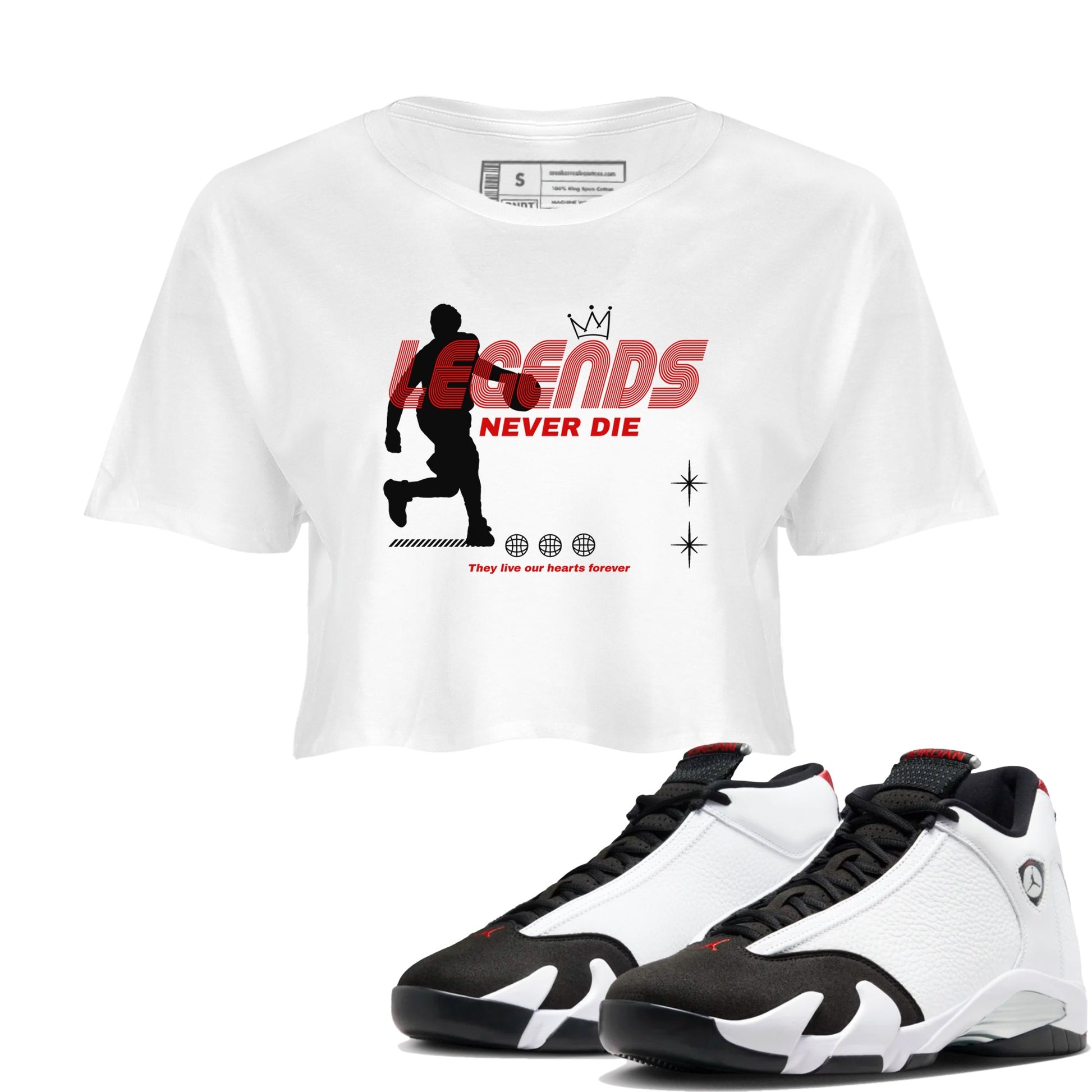 Air Jordan 14 Black Toe t shirts to match sneakers Legends Never Die sneaker match tees 14s Black Toe sneaker match tee SNRT Sneaker Tees unisex cotton White 1 crop tee