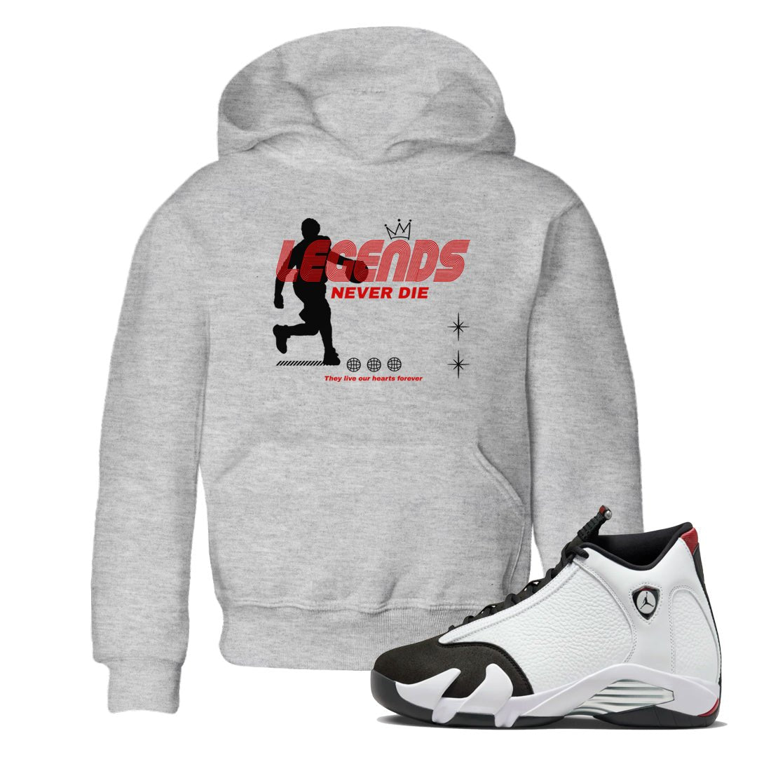Jordan 14 Retro Black Toe t shirts to match sneakers Legends Never Die sneaker match tees 14s Black Toe sneaker match tee SNRT Sneaker Tees Youth Baby Heather Grey 1 tee