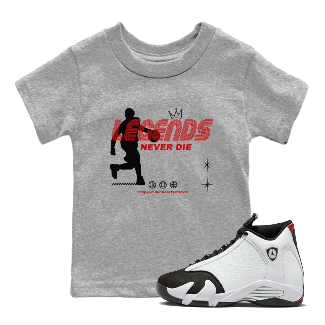 Jordan 14 Retro Black Toe t shirts to match sneakers Legends Never Die sneaker match tees 14s Black Toe sneaker match tee SNRT Sneaker Tees Youth Baby Heather Grey 1 tee