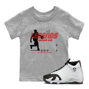 Jordan 14 Retro Black Toe t shirts to match sneakers Legends Never Die sneaker match tees 14s Black Toe sneaker match tee SNRT Sneaker Tees Youth Baby Heather Grey 1 tee