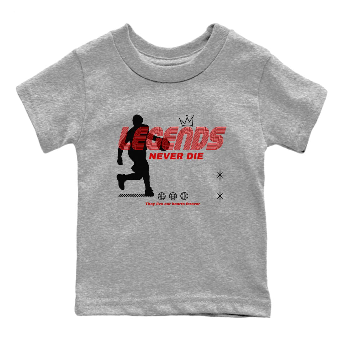 Jordan 14 Retro Black Toe t shirts to match sneakers Legends Never Die sneaker match tees 14s Black Toe sneaker match tee SNRT Sneaker Tees Youth Baby Heather Grey 2 tee