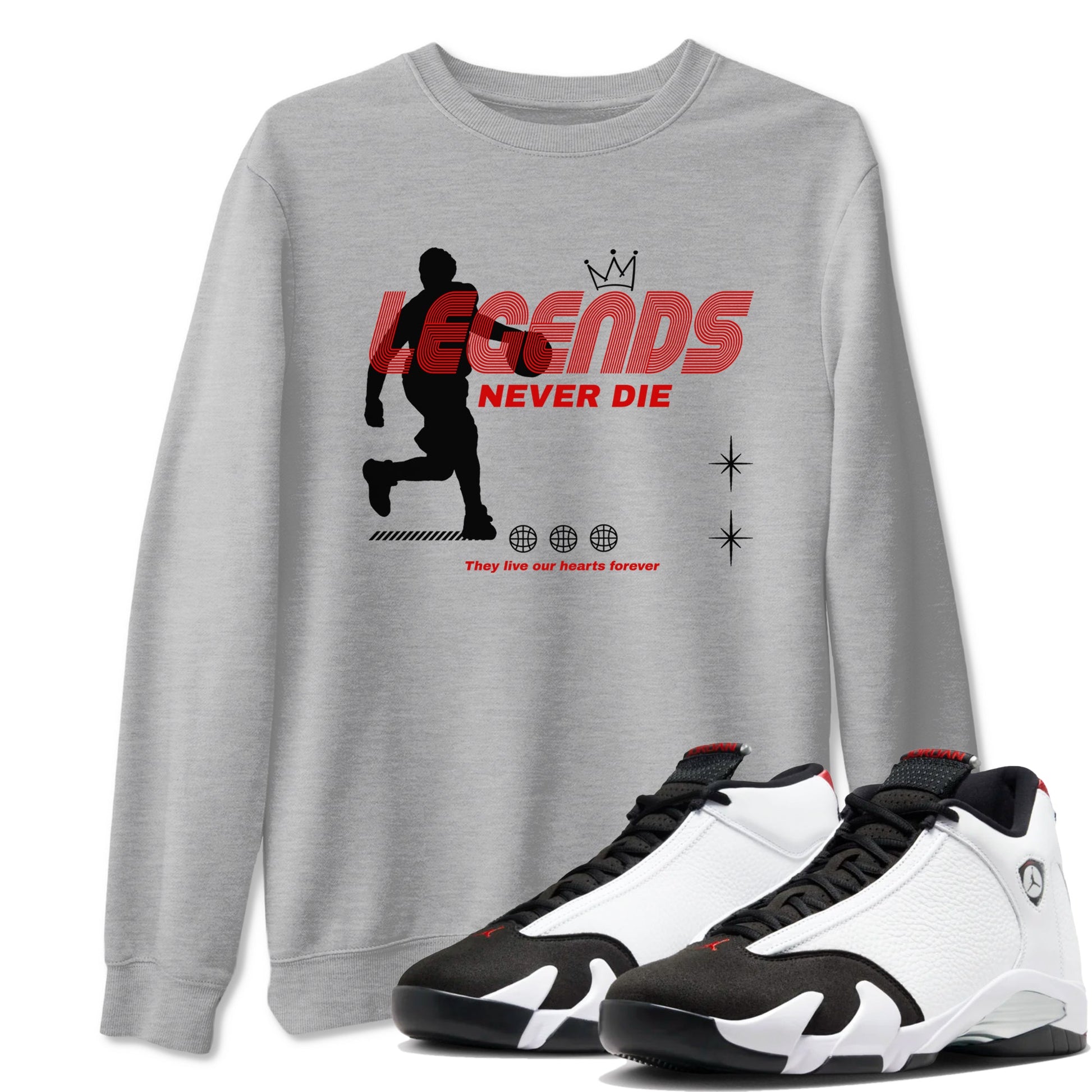 Air Jordan 14 Black Toe t shirts to match sneakers Legends Never Die sneaker match tees 14s Black Toe sneaker match tee SNRT Sneaker Tees unisex cotton Heather Grey 1 shirts