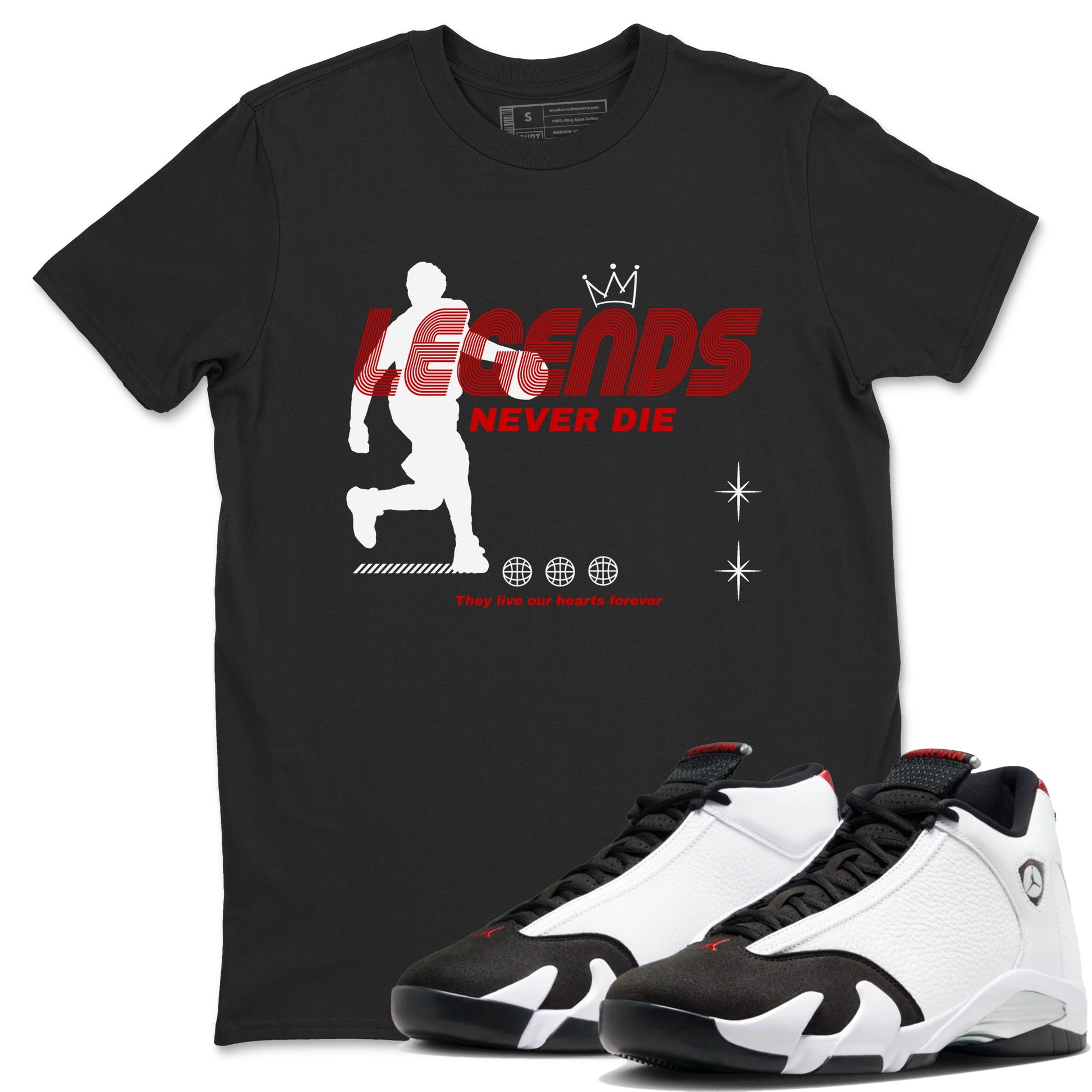 Air Jordan 14 Black Toe t shirts to match sneakers Legends Never Die sneaker match tees 14s Black Toe sneaker match tee SNRT Sneaker Tees unisex cotton Black 1 shirts