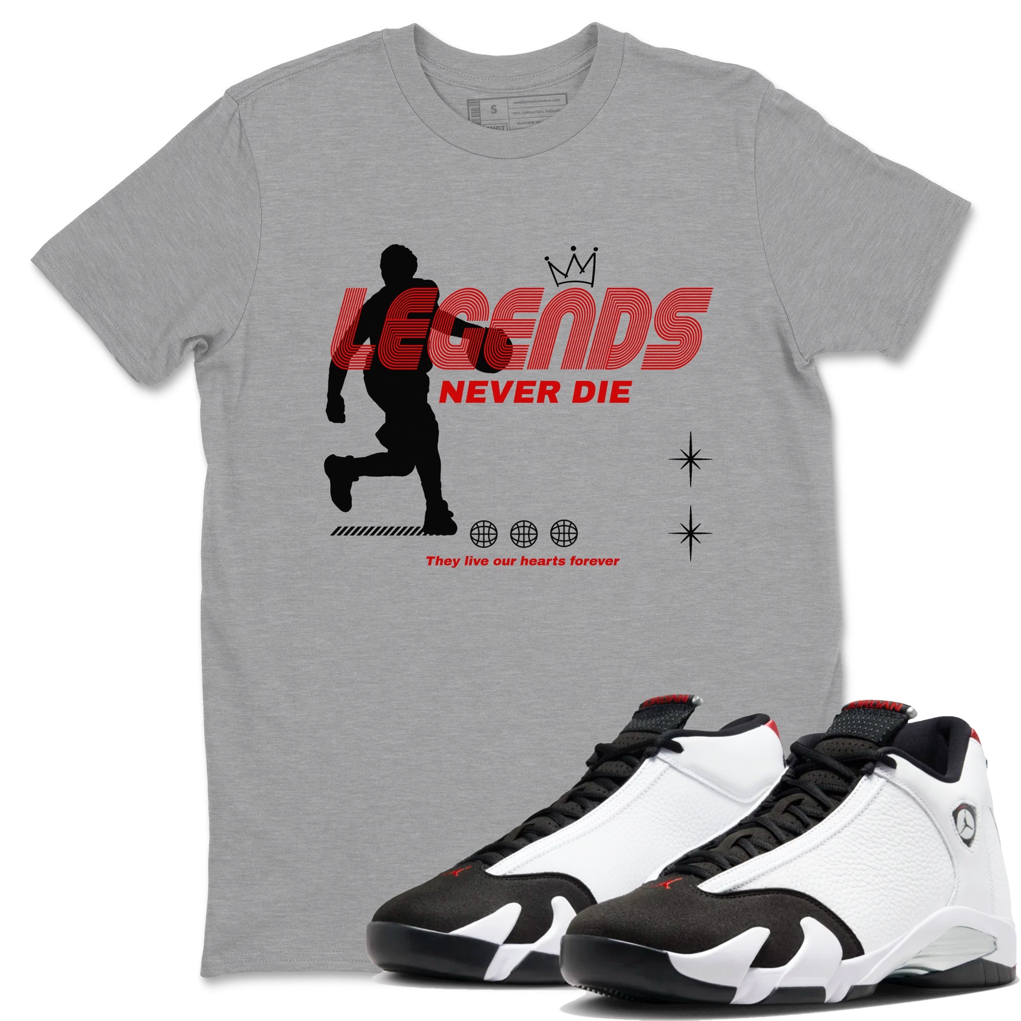 Air Jordan 14 Black Toe t shirts to match sneakers Legends Never Die sneaker match tees 14s Black Toe sneaker match tee SNRT Sneaker Tees unisex cotton Heather Grey 1 shirts