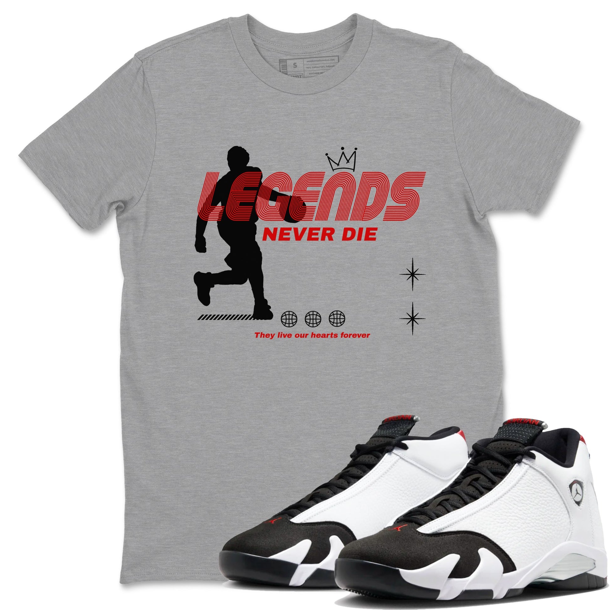 Air Jordan 14 Black Toe t shirts to match sneakers Legends Never Die sneaker match tees 14s Black Toe sneaker match tee SNRT Sneaker Tees unisex cotton Heather Grey 1 shirts