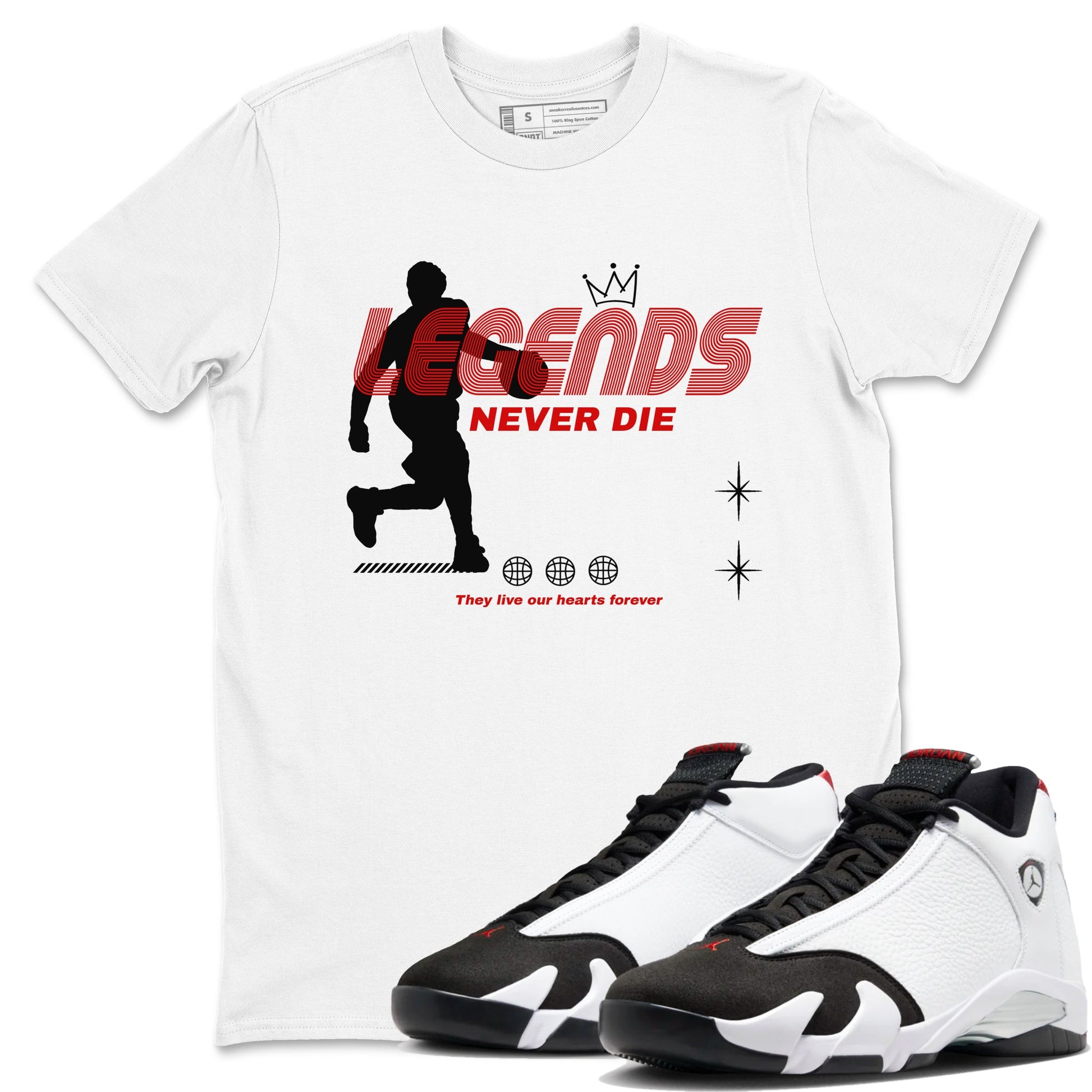Air Jordan 14 Black Toe t shirts to match sneakers Legends Never Die sneaker match tees 14s Black Toe sneaker match tee SNRT Sneaker Tees unisex cotton White 1 shirts