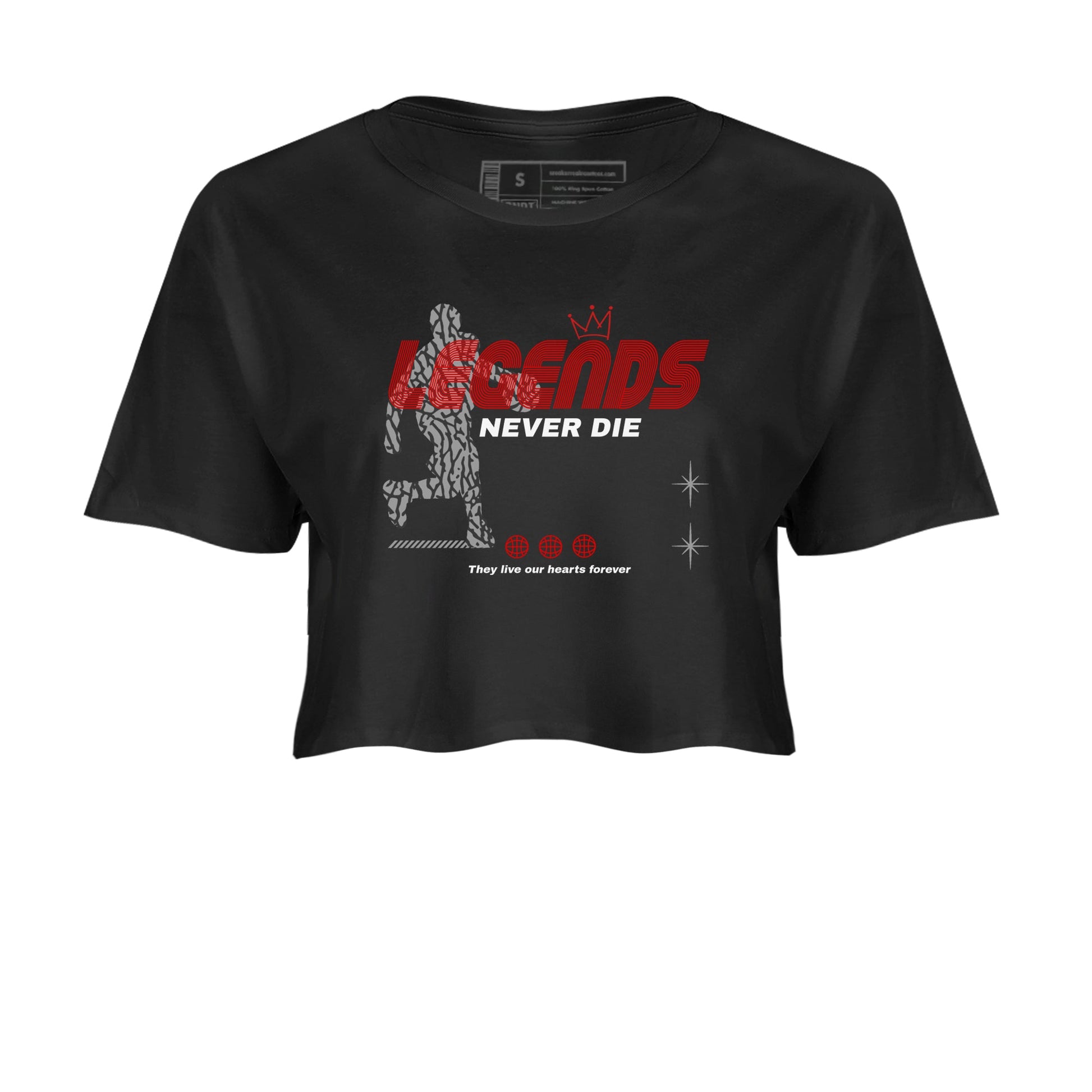 3s Black Cement shirts to match jordans Legends Never Die sneaker match tees Air Jordan 3 Black Cement match shoes to clothes SNRT Sneaker Tees unisex cotton Black 2 crop tee