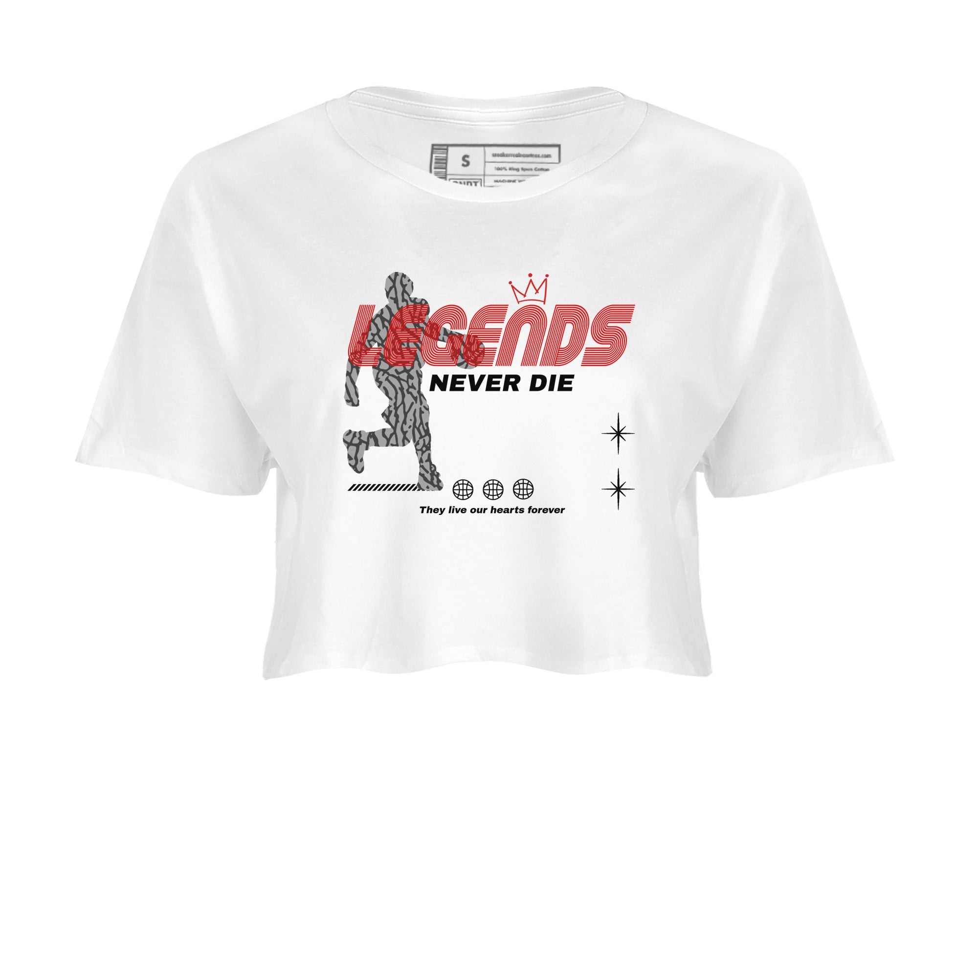 3s Black Cement shirts to match jordans Legends Never Die sneaker match tees Air Jordan 3 Black Cement match shoes to clothes SNRT Sneaker Tees unisex cotton White 2 crop tee