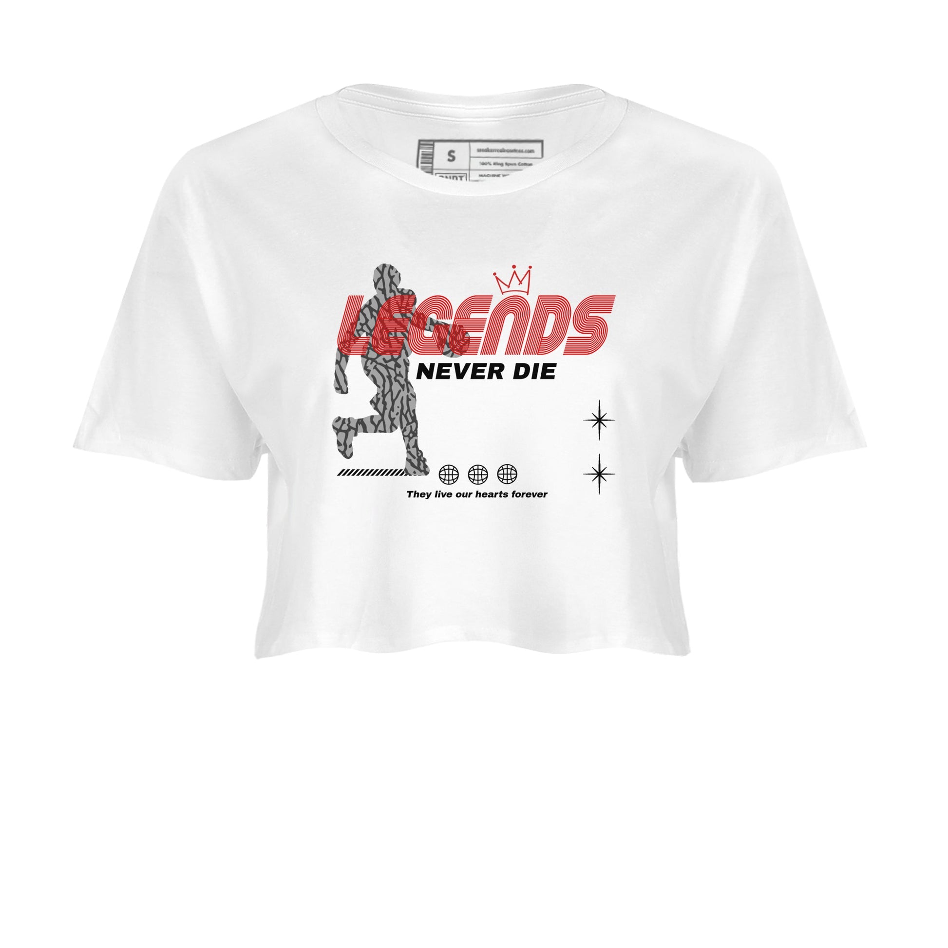 3s Black Cement shirts to match jordans Legends Never Die sneaker match tees Air Jordan 3 Black Cement match shoes to clothes SNRT Sneaker Tees unisex cotton White 2 crop tee