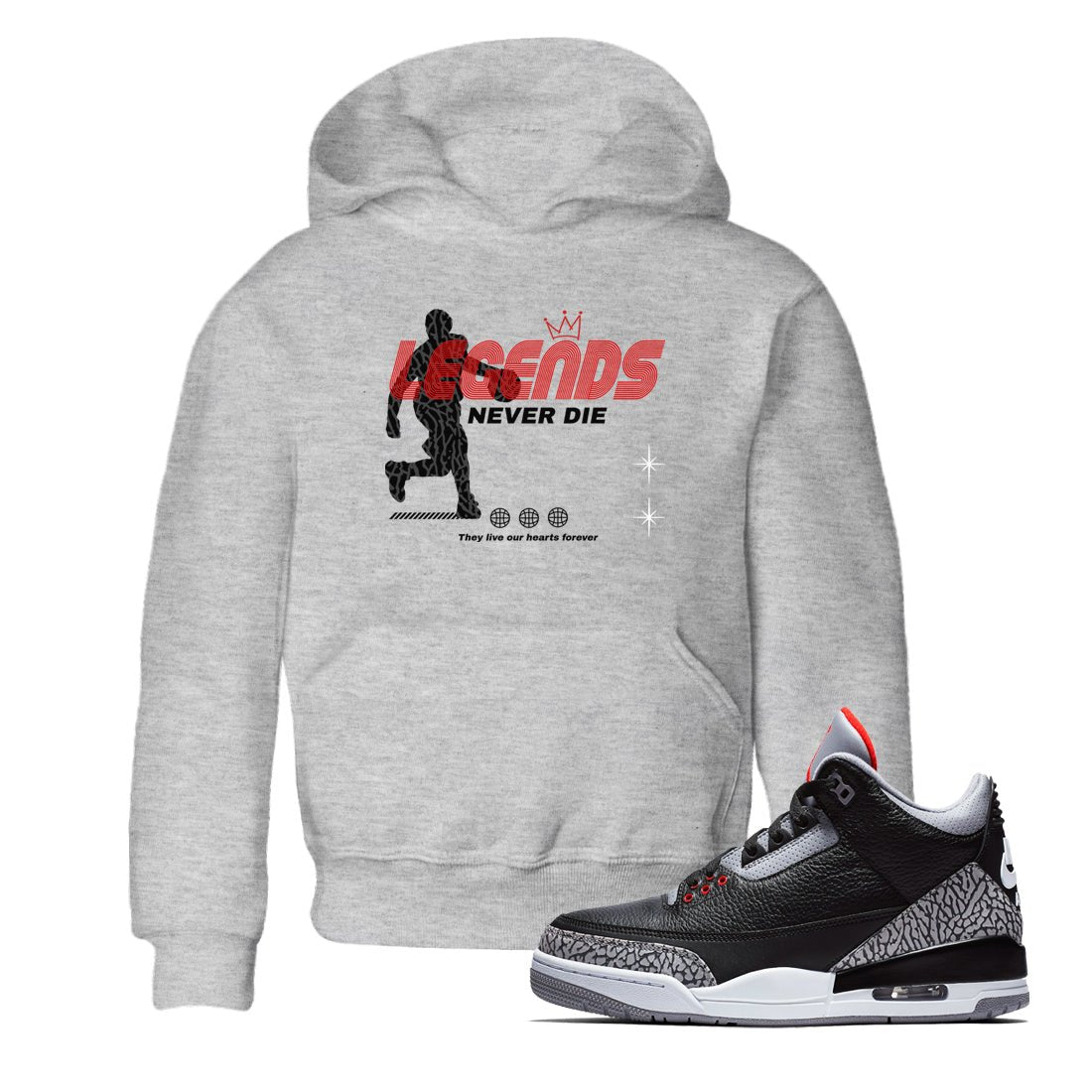 3s Black Cement shirts to match jordans Legends Never Die sneaker match tees Air Jordan 3 Black Cement match shoes to clothes SNRT Sneaker Tees Youth Baby Heather Grey 1 tee
