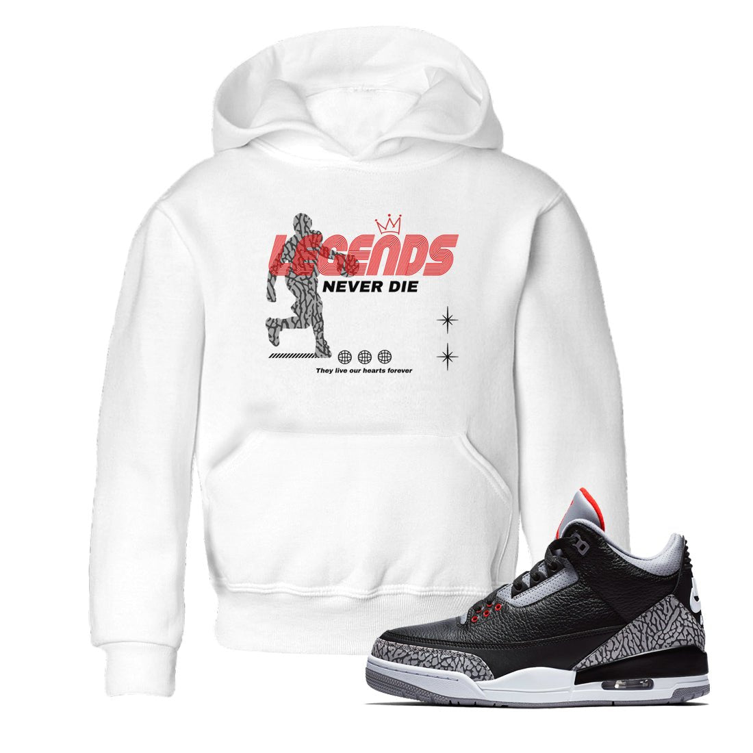 3s Black Cement shirts to match jordans Legends Never Die sneaker match tees Air Jordan 3 Black Cement match shoes to clothes SNRT Sneaker Tees Youth Baby White 1 tee