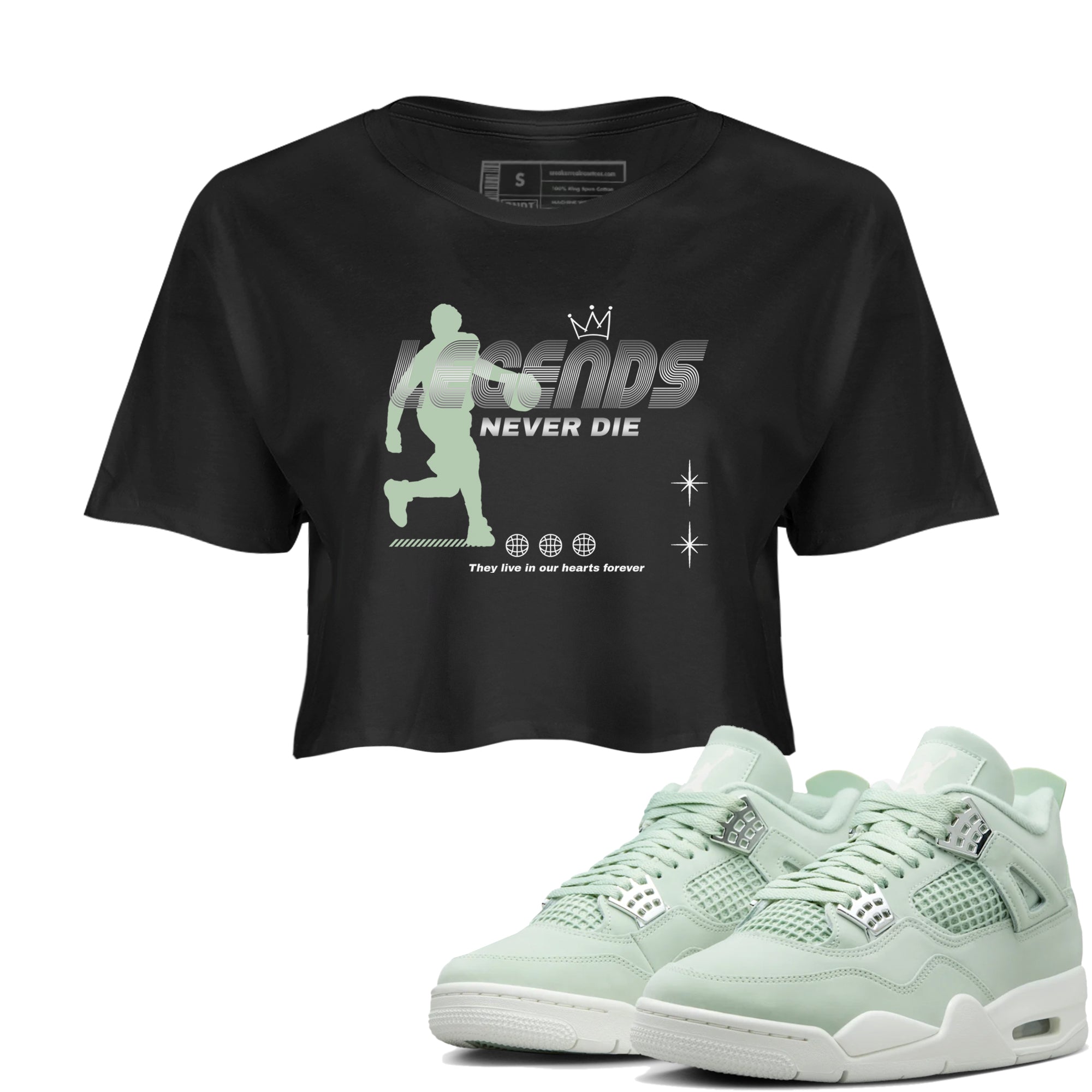 4s seafoam shirts to match jordans Legends Never Die sneaker match tees Air Jordan 4 Abundance match shoes to clothes SNRT Sneaker Tees unisex cotton Black 1 crop tee