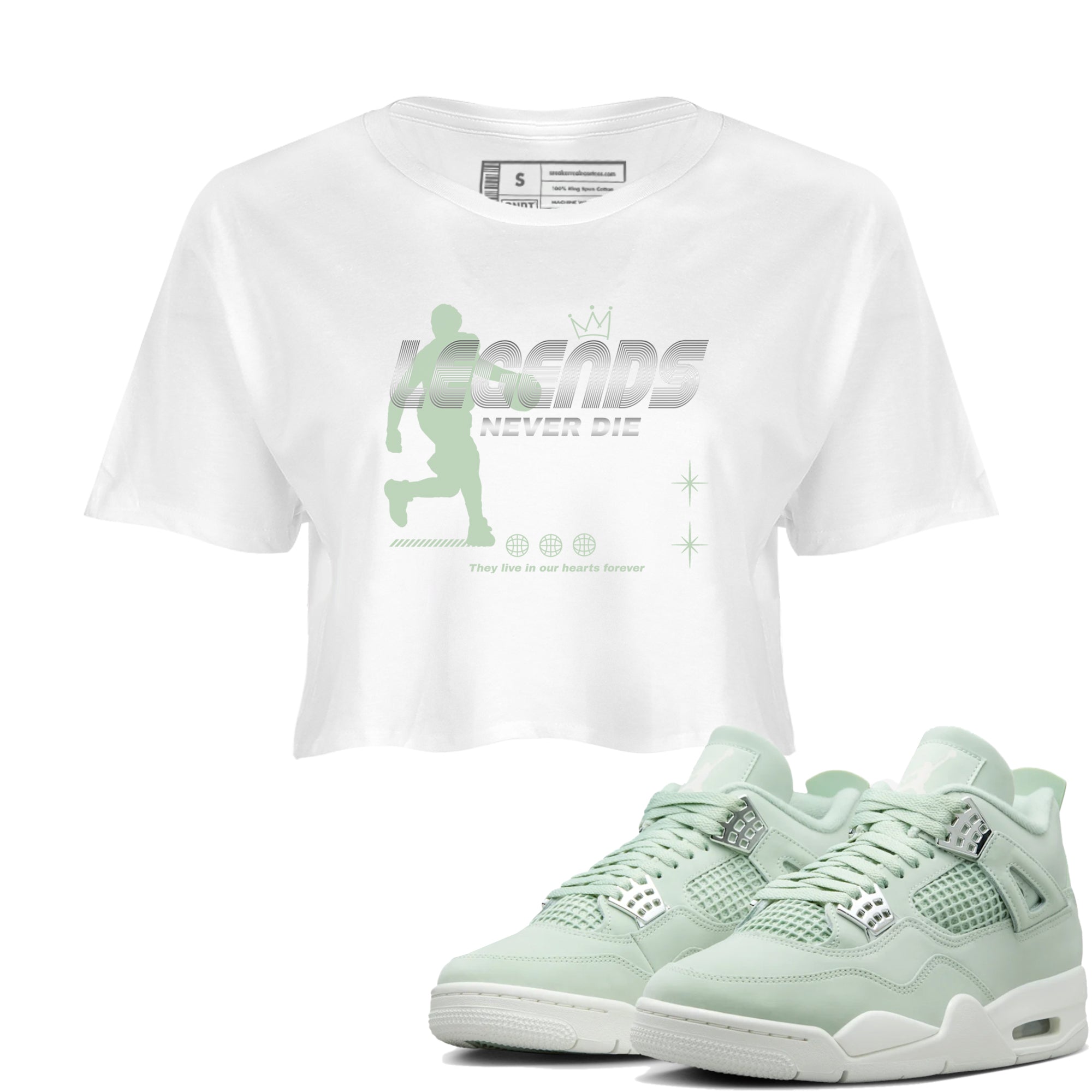 4s seafoam shirts to match jordans Legends Never Die sneaker match tees Air Jordan 4 Abundance match shoes to clothes SNRT Sneaker Tees unisex cotton White 1 crop tee
