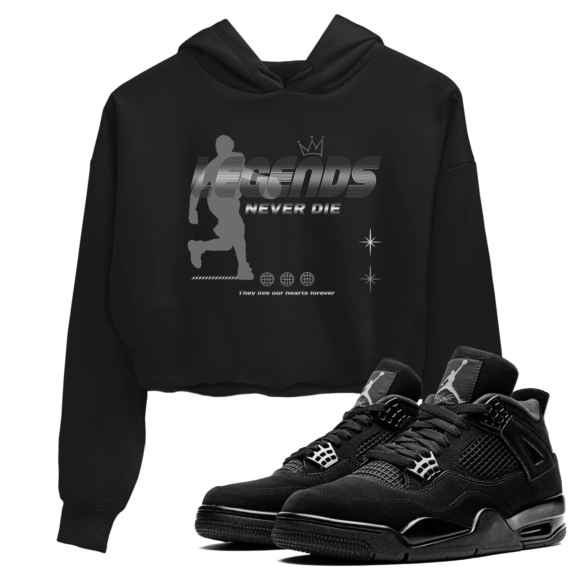 4s Black Cat shirts to match jordans Legends Never Die sneaker match tees Air Jordan 4 Black Cat match shoes to clothes SNRT Sneaker Tees unisex cotton Black 1 crop tee