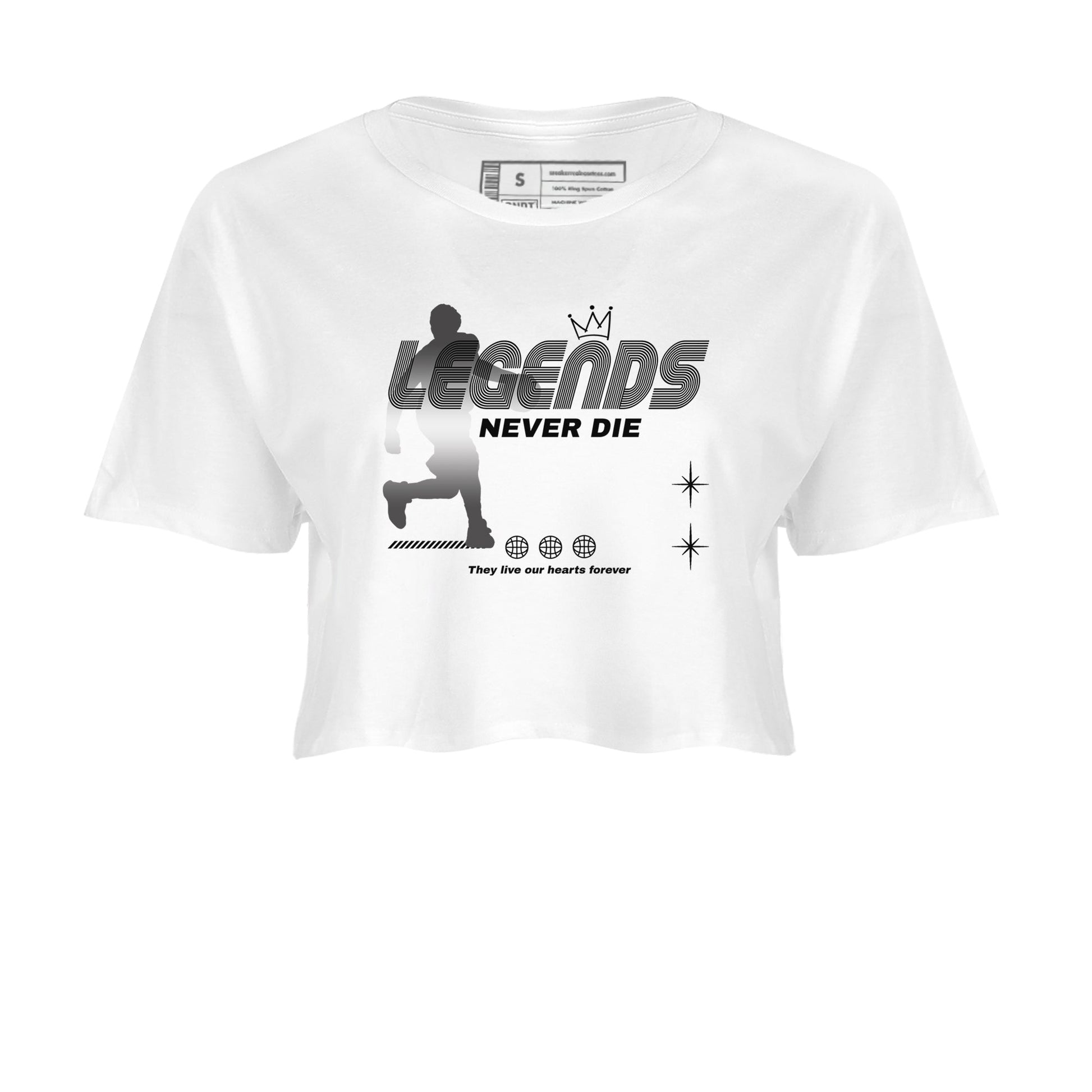 4s Black Cat shirts to match jordans Legends Never Die sneaker match tees Air Jordan 4 Black Cat match shoes to clothes SNRT Sneaker Tees unisex cotton White 2 crop tee