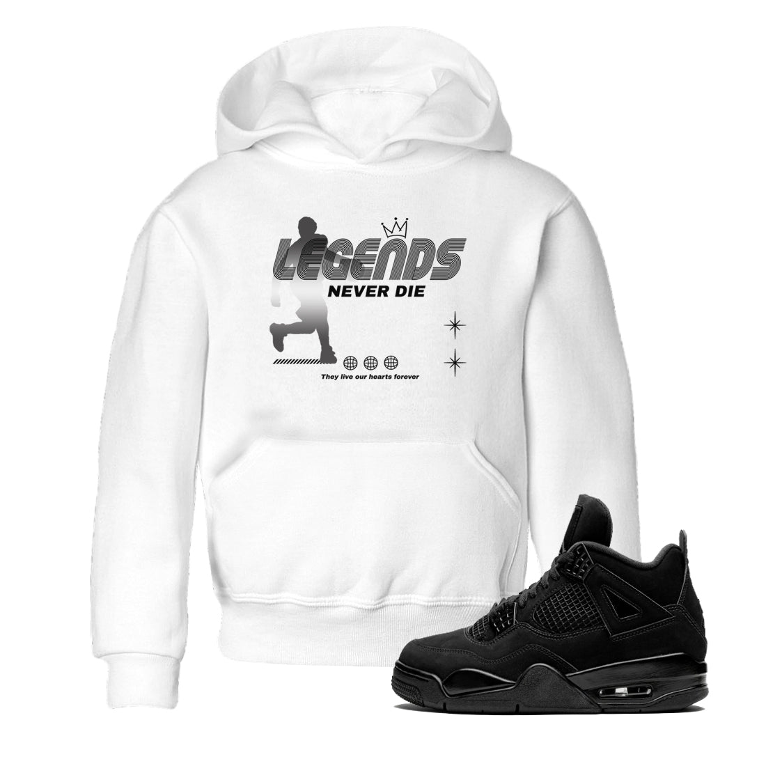 4s Black Cat shirts to match jordans Legends Never Die sneaker match tees Air Jordan 4 Black Cat match shoes to clothes SNRT Sneaker Tees Youth Baby White 1 tee