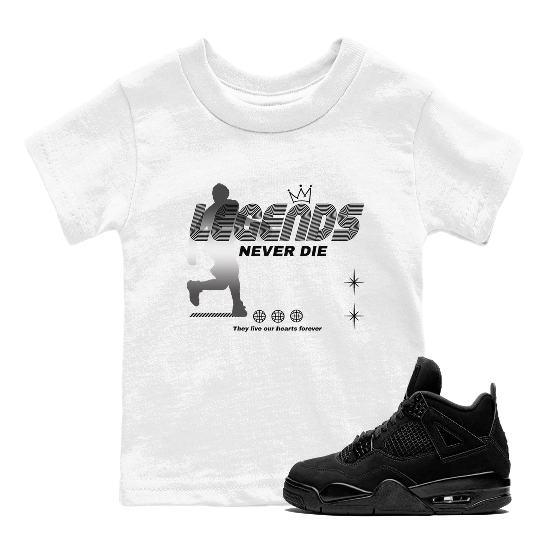 4s Black Cat shirts to match jordans Legends Never Die sneaker match tees Air Jordan 4 Black Cat match shoes to clothes SNRT Sneaker Tees Youth Baby White 1 tee