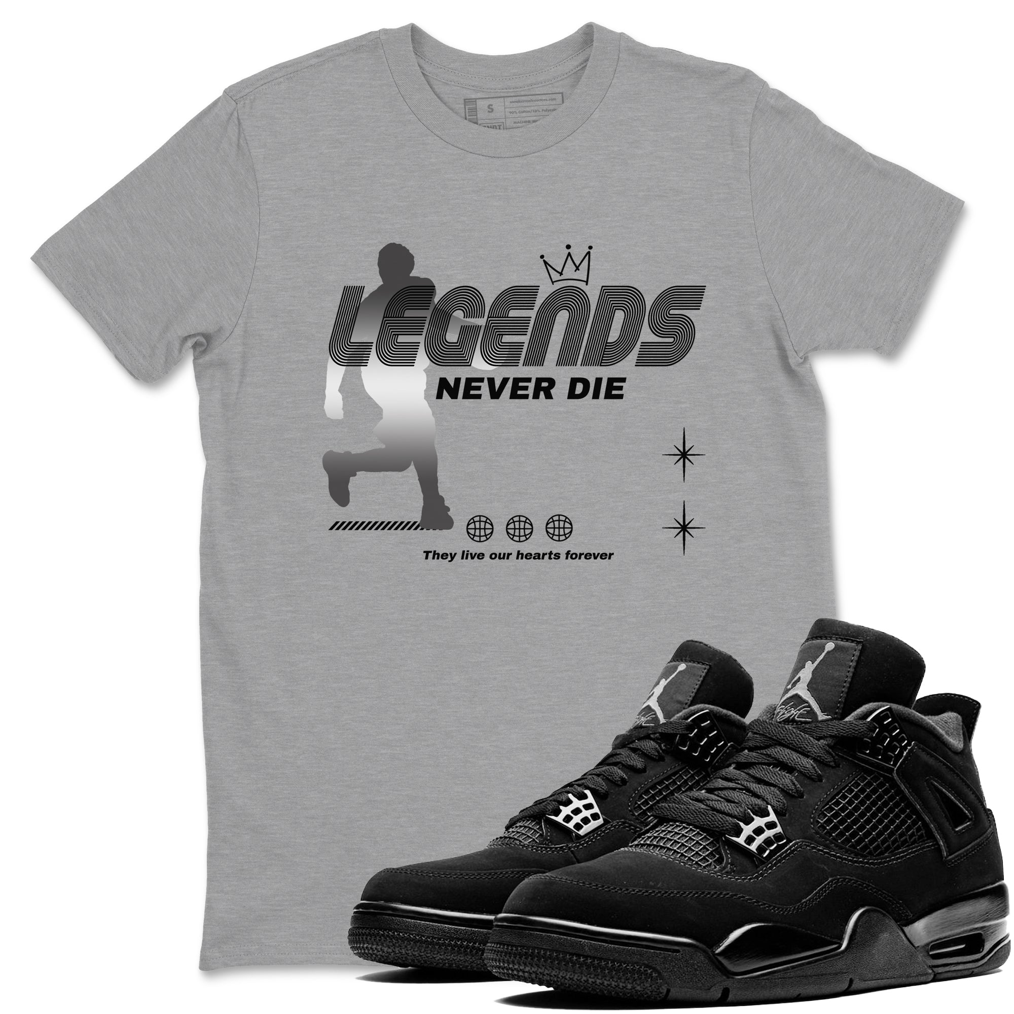 4s Black Cat shirts to match jordans Legends Never Die sneaker match tees Air Jordan 4 Black Cat match shoes to clothes SNRT Sneaker Tees unisex cotton Heather Grey 1 shirts