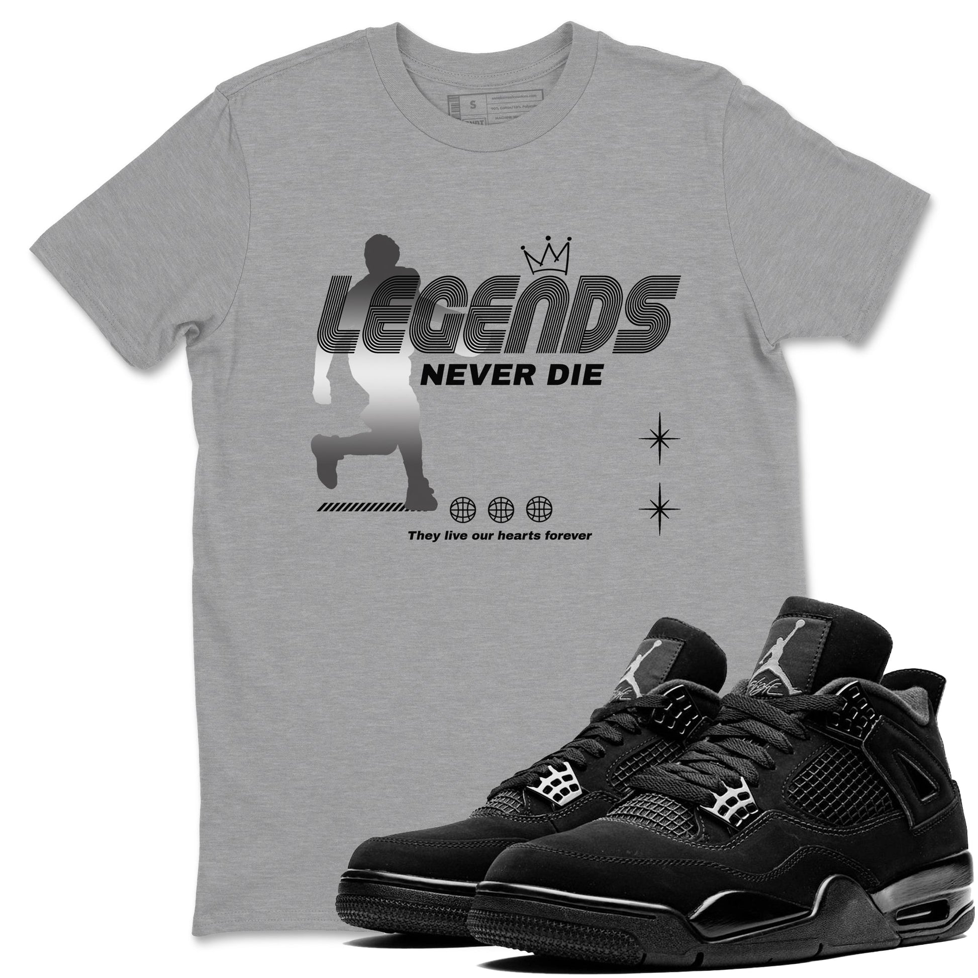 4s Black Cat shirts to match jordans Legends Never Die sneaker match tees Air Jordan 4 Black Cat match shoes to clothes SNRT Sneaker Tees unisex cotton Heather Grey 1 shirts