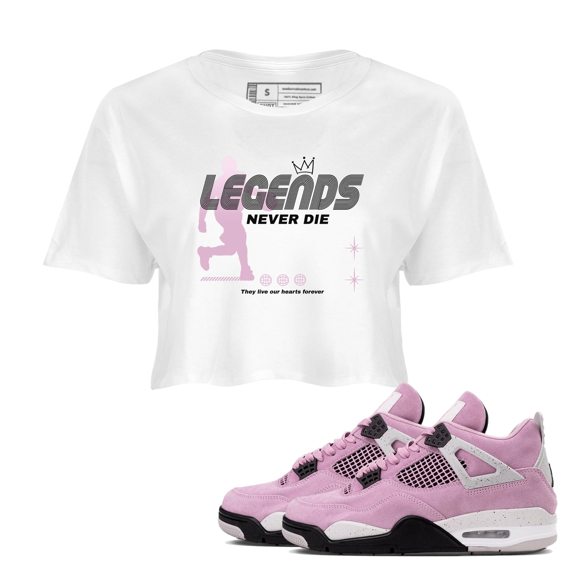 4s Retro Orchid shirts to match jordans Legends Never Die sneaker match tees Air Jordan 4 WMNS Orchid match shoes to clothes SNRT Sneaker Tees unisex cotton White 1 crop tee