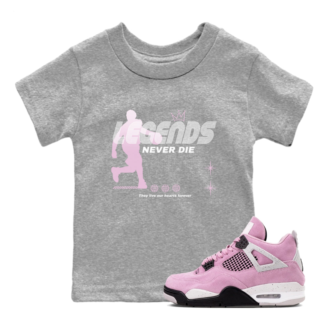 4s Retro Orchid shirts to match jordans Legends Never Die sneaker match tees Air Jordan 4 WMNS Orchid match shoes to clothes SNRT Sneaker Tees Youth Baby Heather Grey 1 tee