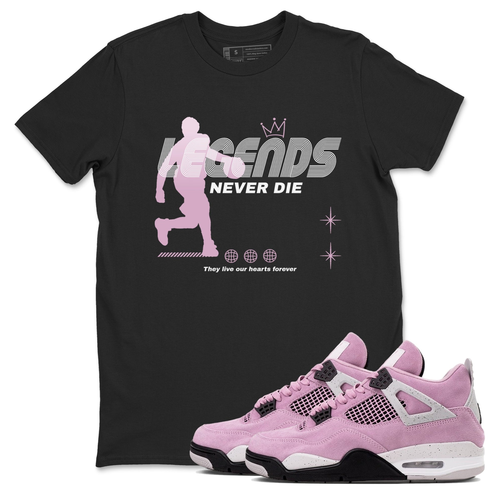 4s Retro Orchid shirts to match jordans Legends Never Die sneaker match tees Air Jordan 4 WMNS Orchid match shoes to clothes SNRT Sneaker Tees unisex cotton Black 1 shirts