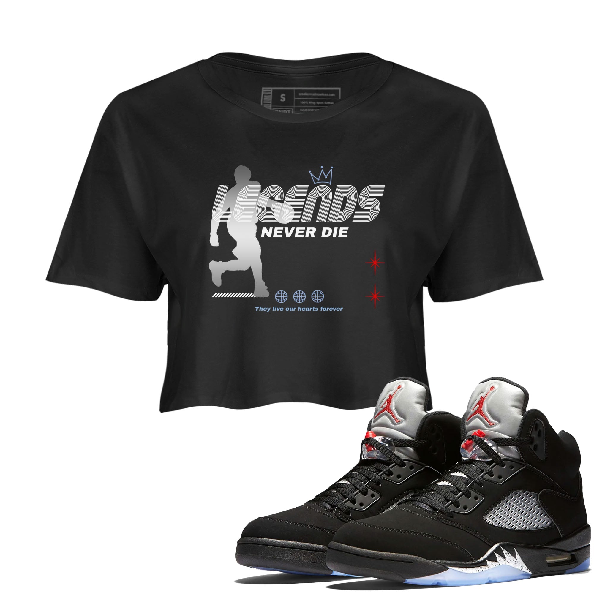 5s Black Metallic Reimagined shirts to match jordans Legends Never Die best t shirts to wear with jordans Air Jordan 5 Reimagined match shoes to clothes SNRT Sneaker Tees unisex cotton Black 1 crop tee