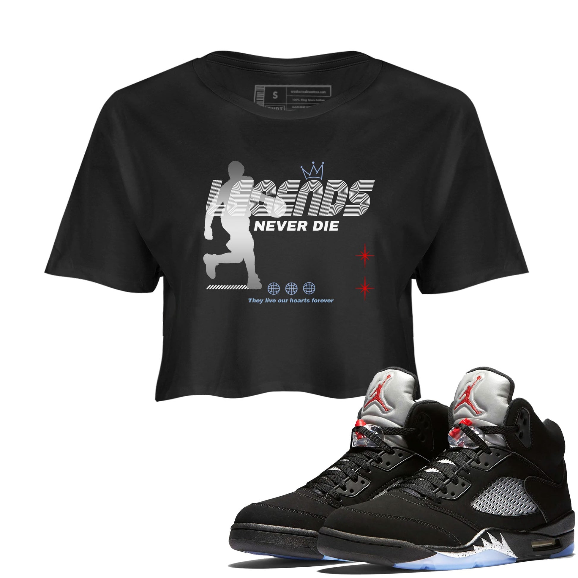 5s Black Metallic Reimagined shirts to match jordans Legends Never Die best t shirts to wear with jordans Air Jordan 5 Reimagined match shoes to clothes SNRT Sneaker Tees unisex cotton Black 1 crop tee
