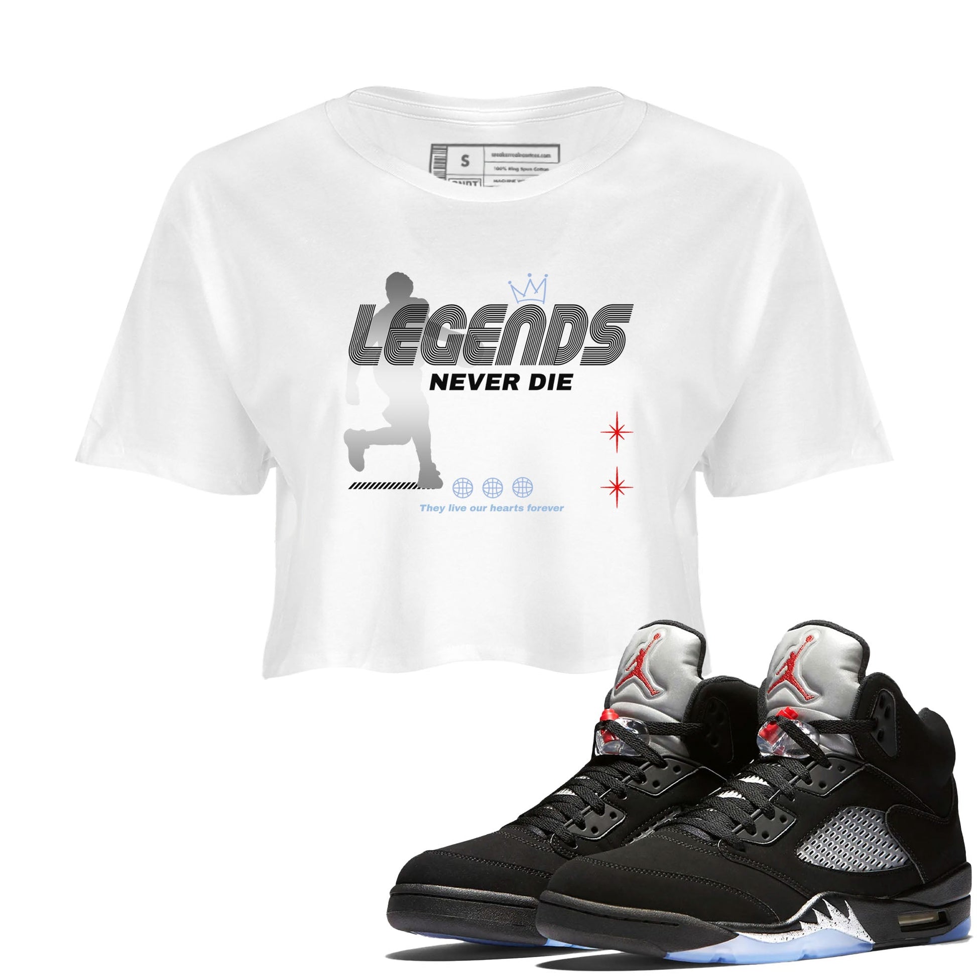 5s Black Metallic Reimagined shirts to match jordans Legends Never Die best t shirts to wear with jordans Air Jordan 5 Reimagined match shoes to clothes SNRT Sneaker Tees unisex cotton White 1 crop tee