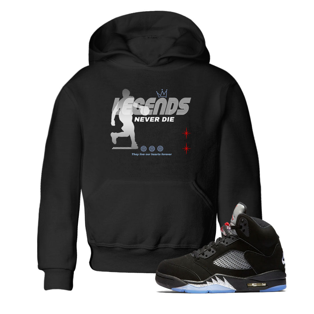 5s Black Metallic Reimagined shirts to match jordans Legends Never Die best t shirts to wear with jordans Air Jordan 5 Reimagined match shoes to clothes SNRT Sneaker Tees Youth Baby Black 1 tee